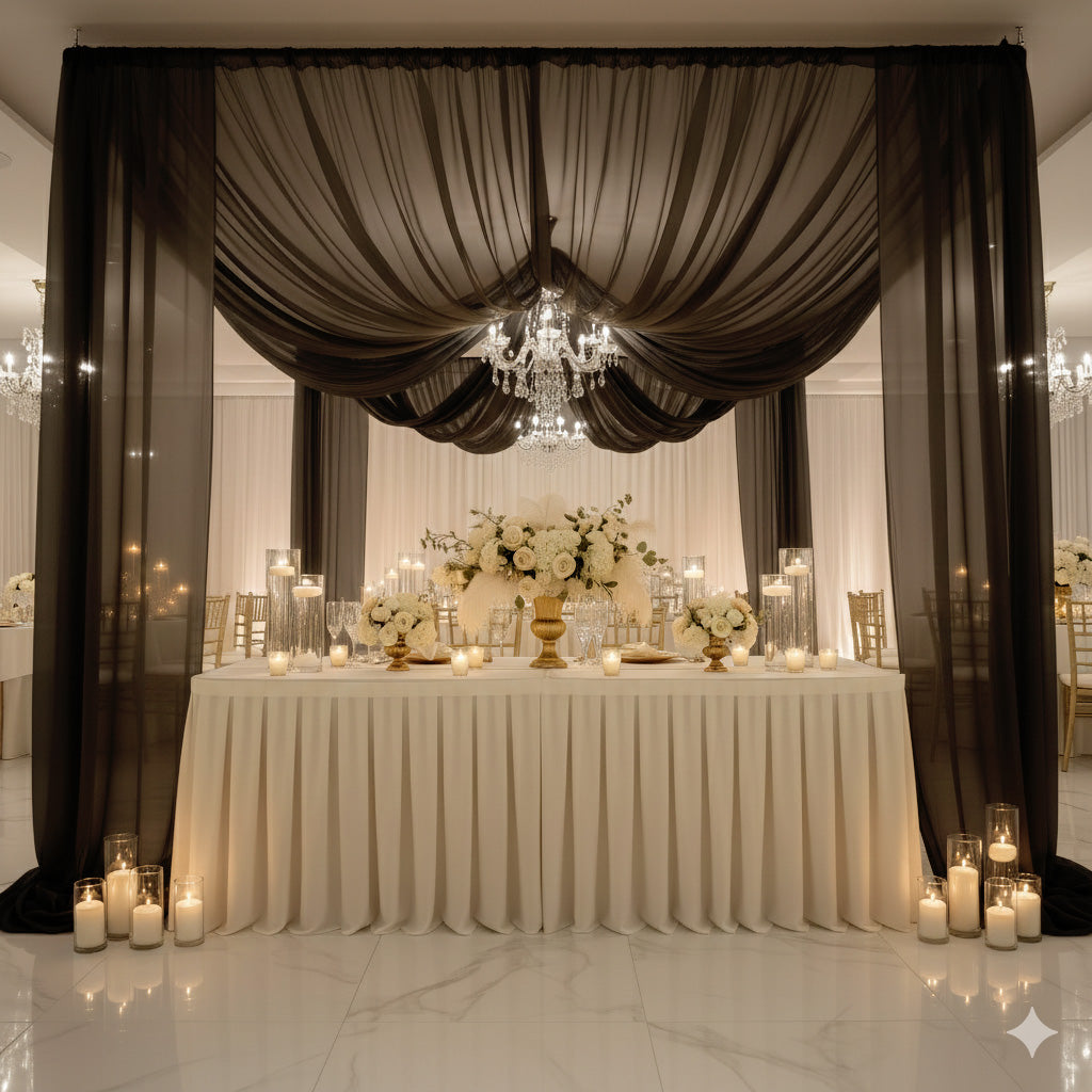 Black chiffon curtain panel backdrop and ceiling drape.