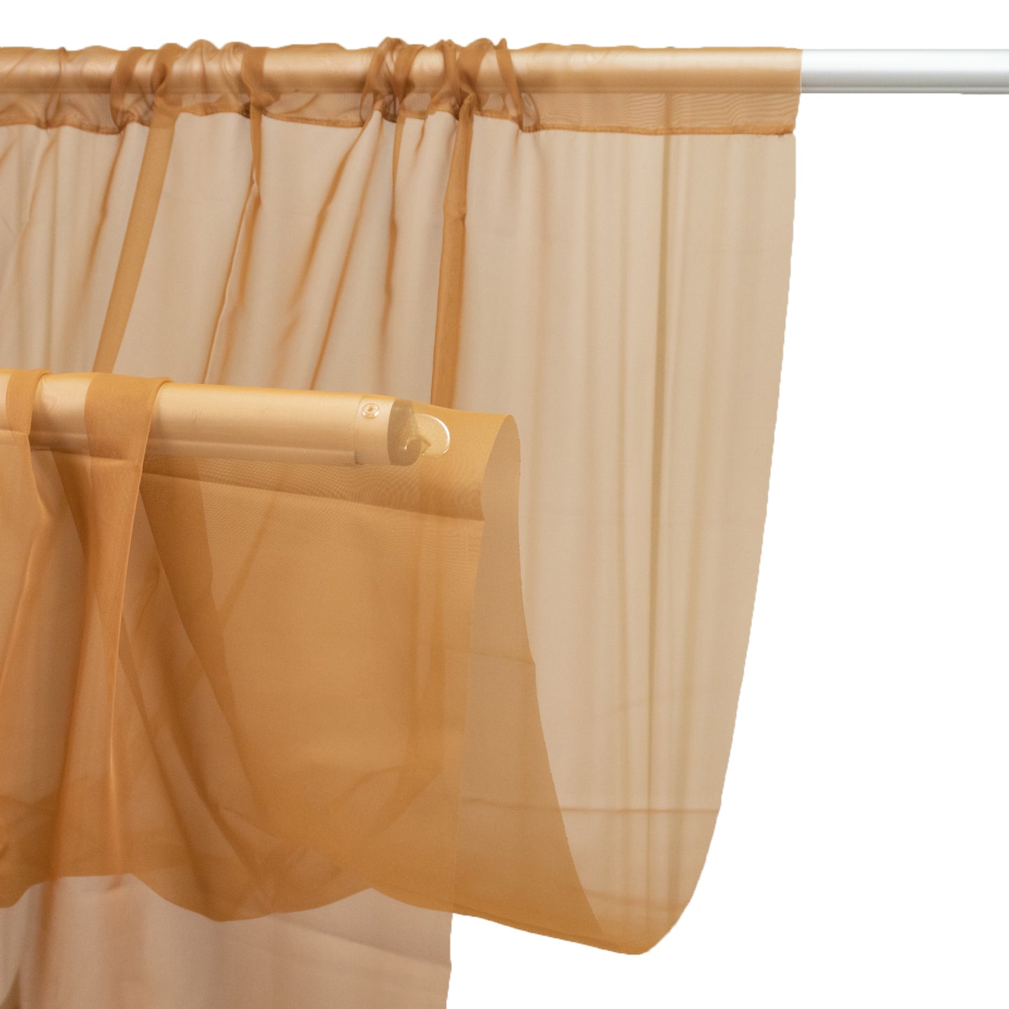 Gold chiffon curtain panel, durable flame resistant backdrop.