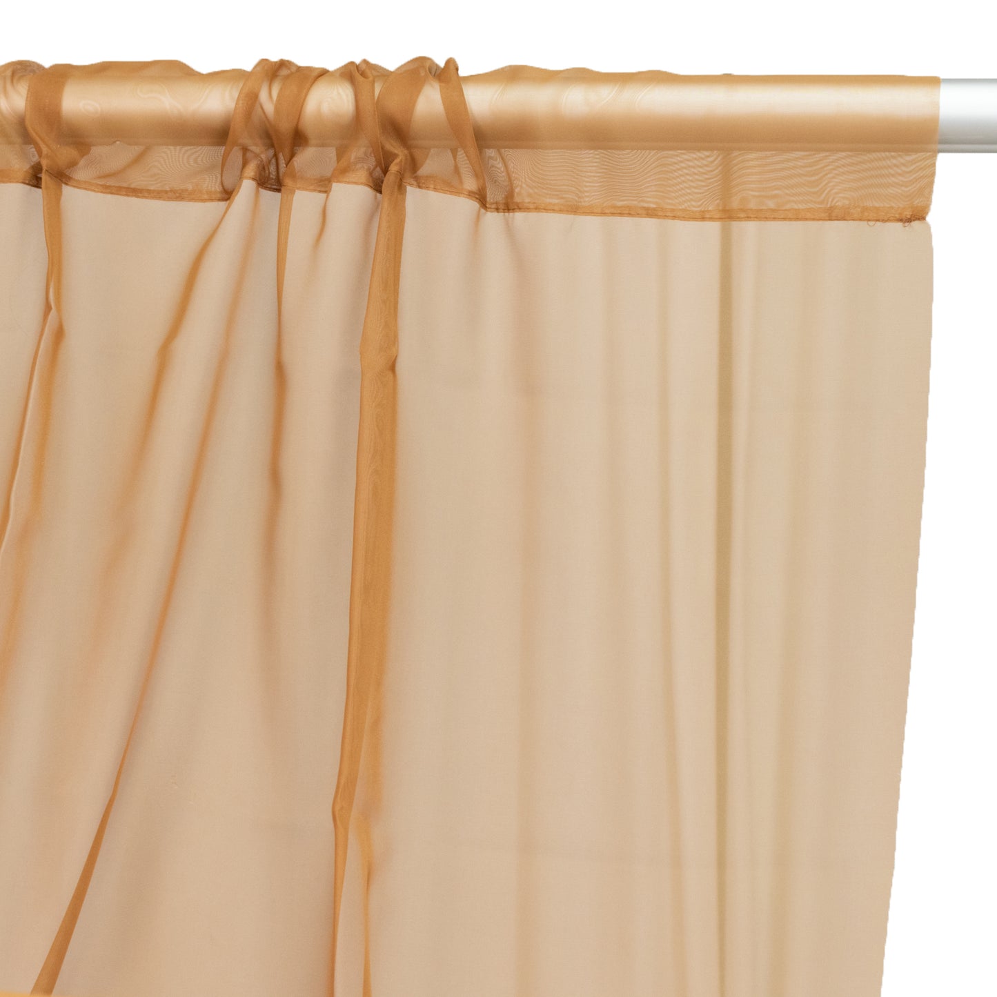 Gold chiffon curtain panel, durable flame-resistant backdrop and ceiling drape.