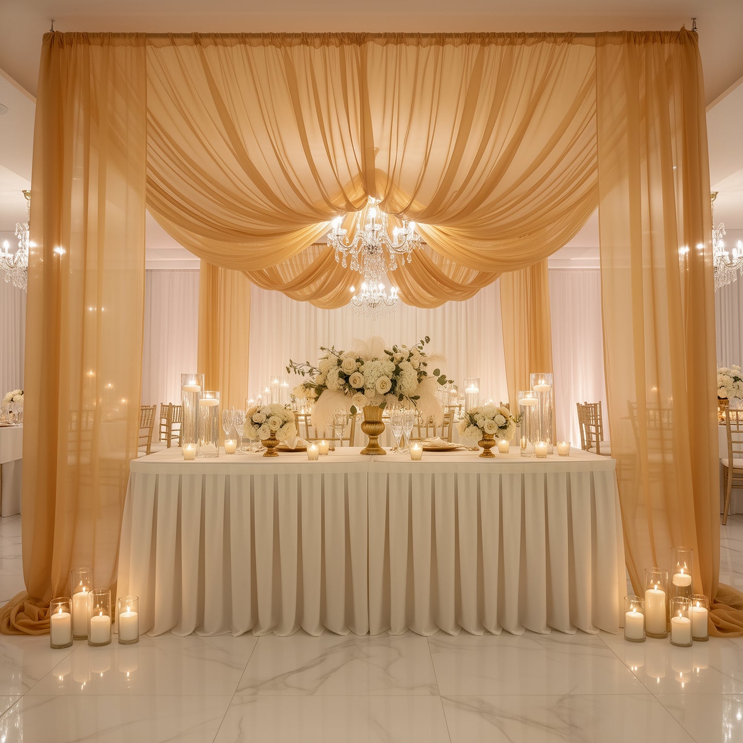 Gold chiffon curtain panel backdrop draped elegantly in a luxurious setting.