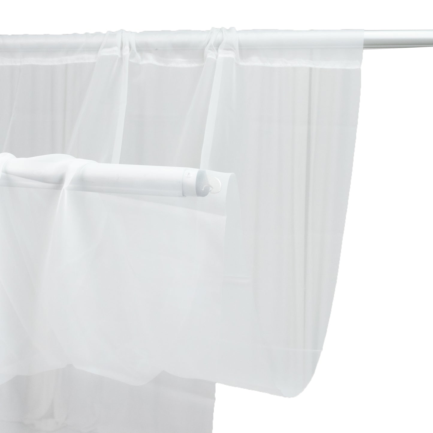 Ivory chiffon curtain panel, durable flame resistant backdrop and ceiling drape.