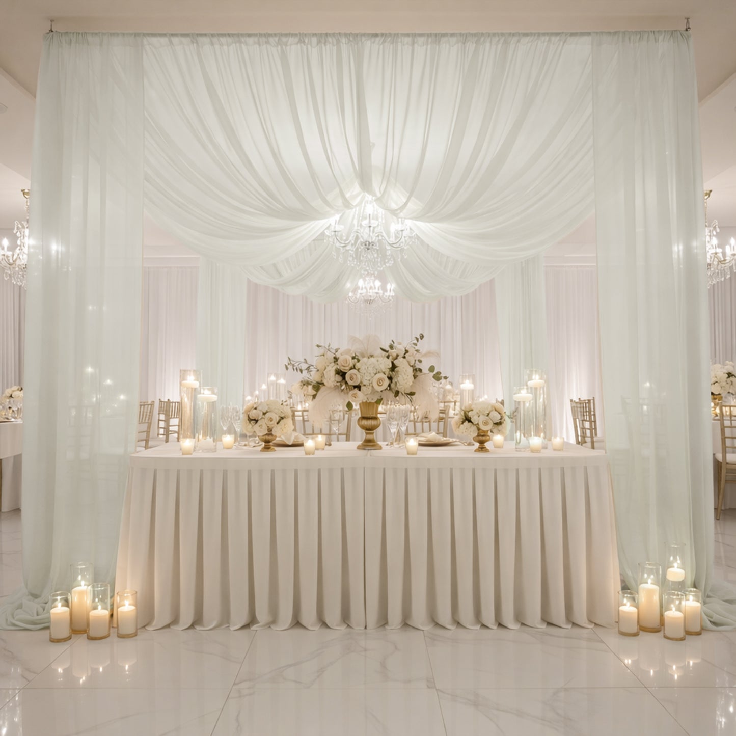 Ivory chiffon curtain panel backdrop drape with rod pocket.