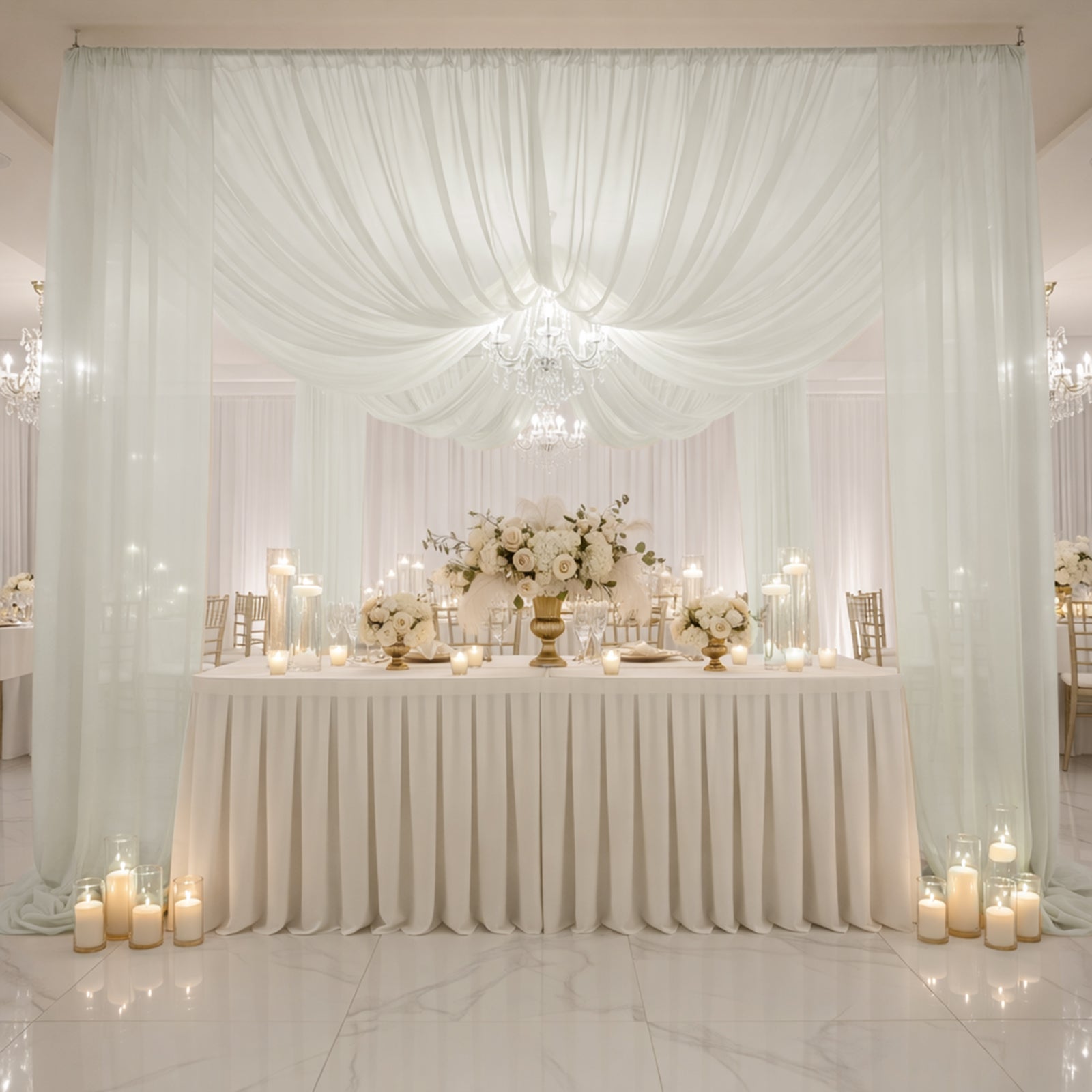 Ivory chiffon curtain panel backdrop drape with rod pocket.