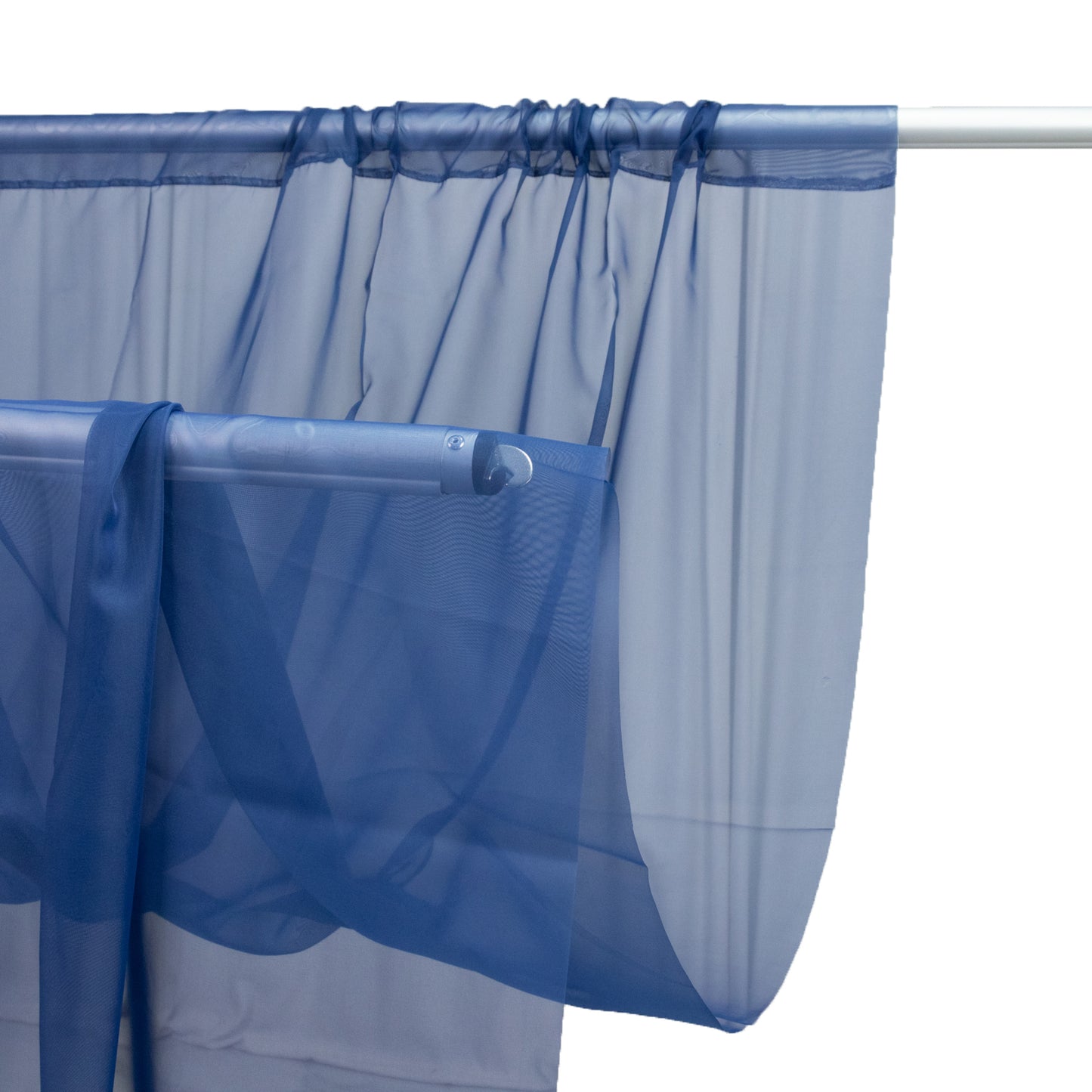 Navy blue chiffon curtain panel with rod pocket, durable and flame resistant.