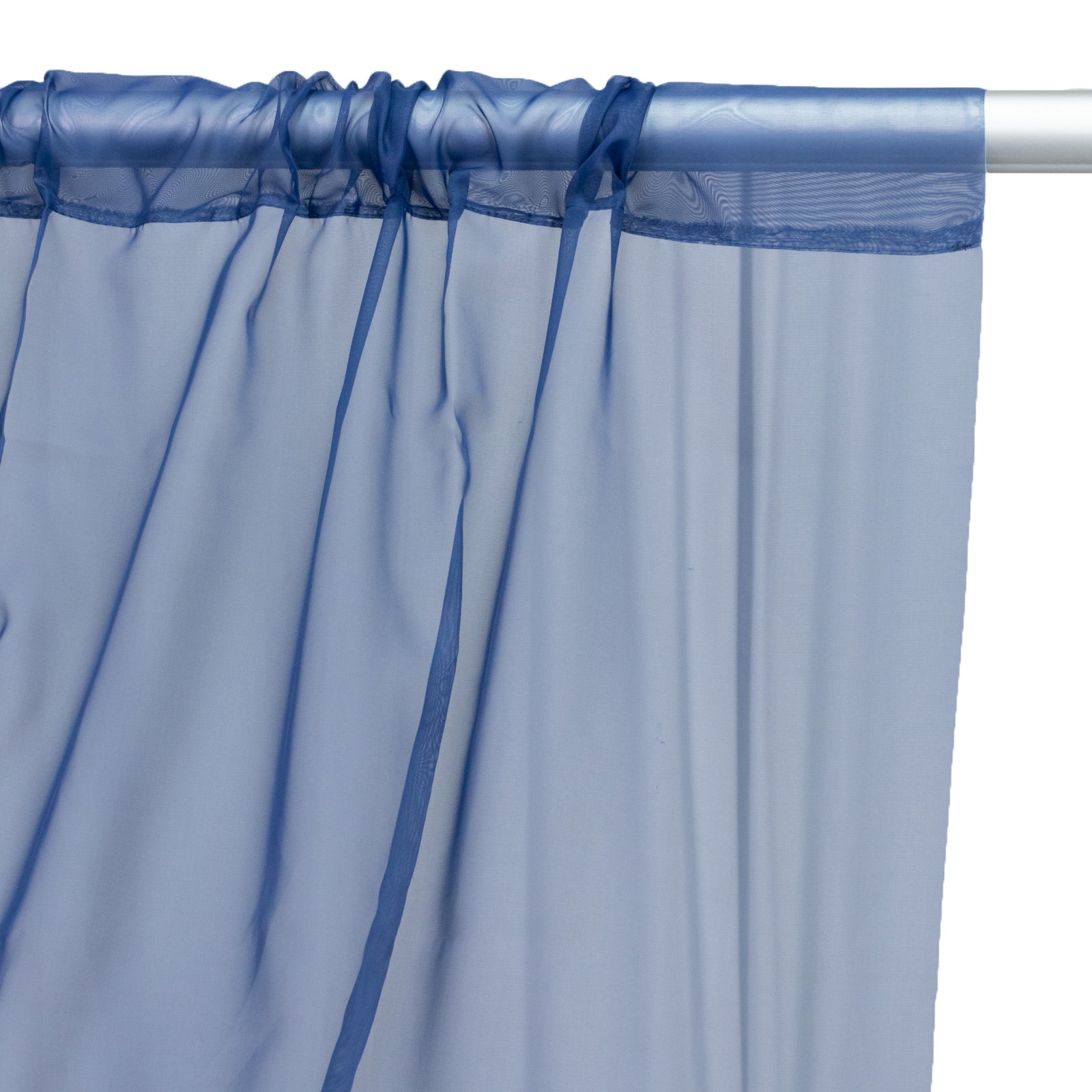 Navy blue chiffon curtain panel, durable and flame resistant.