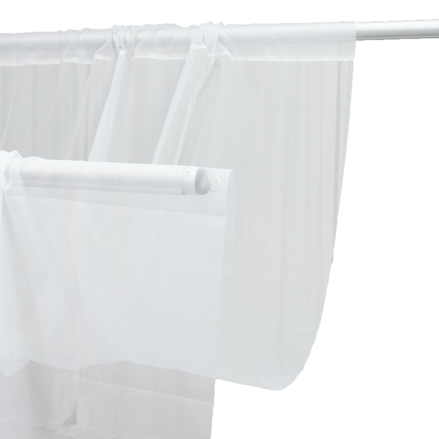 White chiffon curtain panel, durable and flame resistant backdrop.