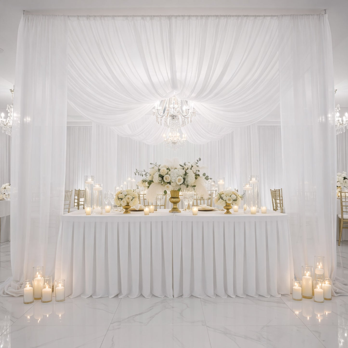 White chiffon curtain panel backdrop drape, flame-resistant ceiling treatment.