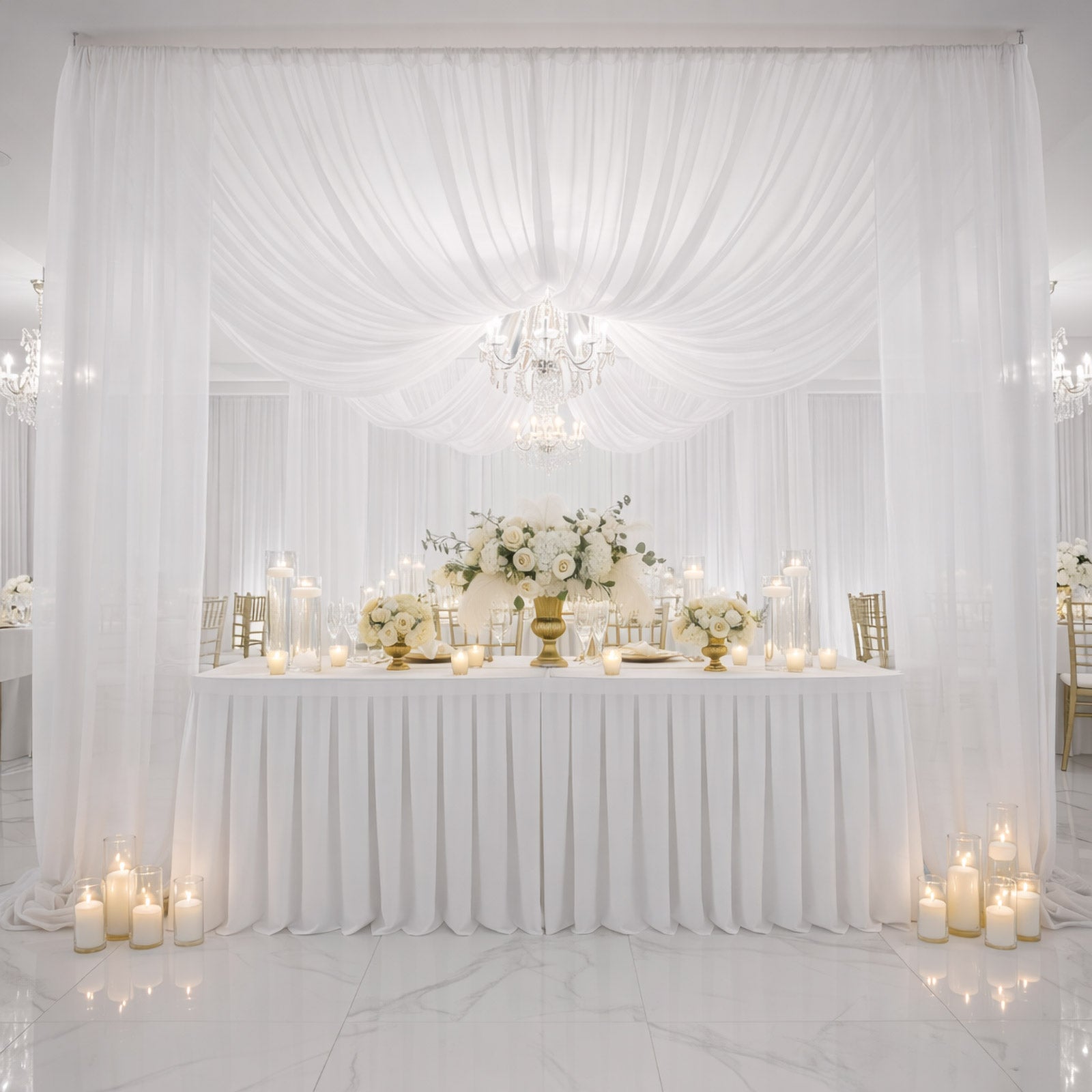 White chiffon curtain panel backdrop drape, flame-resistant ceiling treatment.