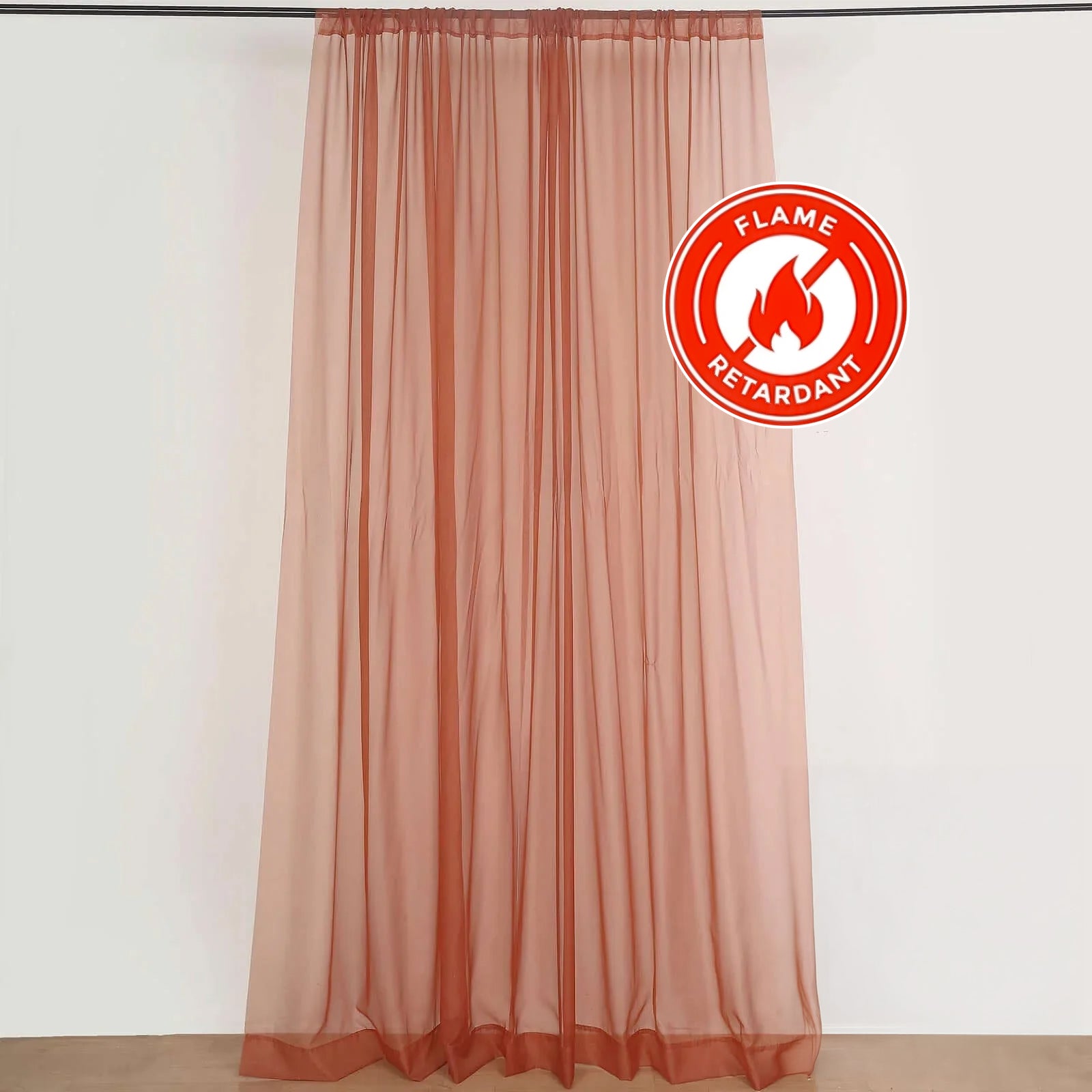 Terracotta chiffon backdrop drape curtains, flame resistant sheer organza panels.