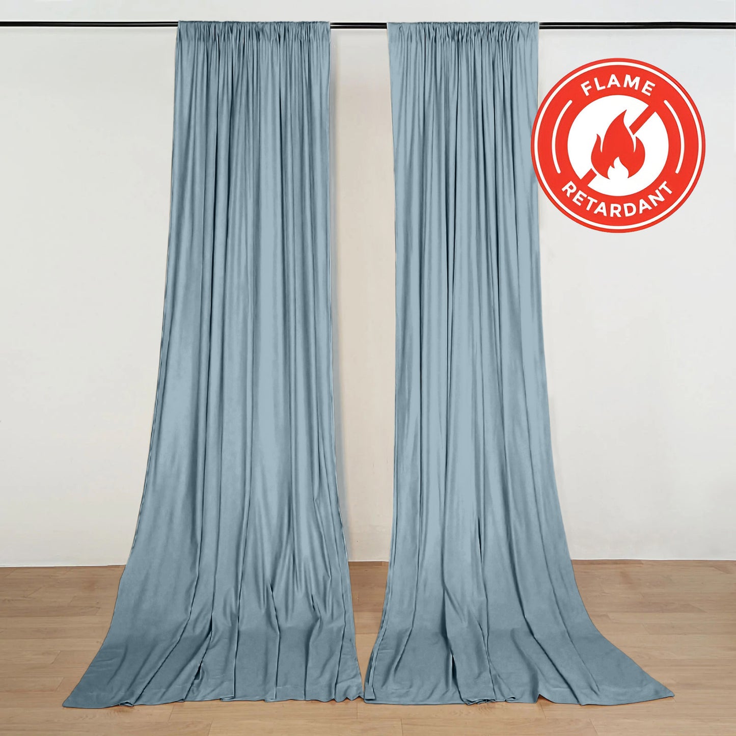 Dusty blue scuba polyester backdrop drape curtains, wrinkle-free and flame resistant.