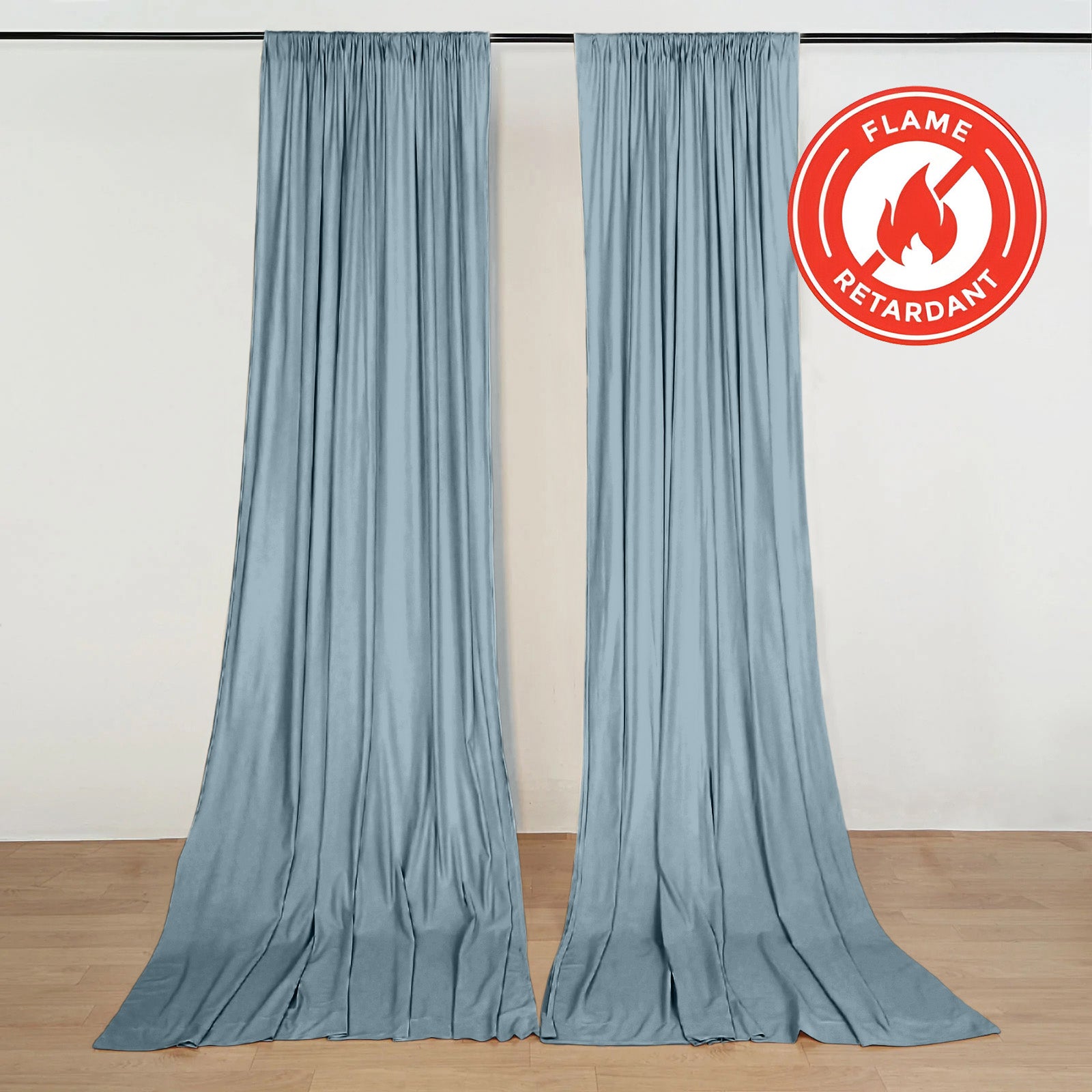 Dusty blue scuba polyester backdrop drape curtains, wrinkle-free and flame resistant.