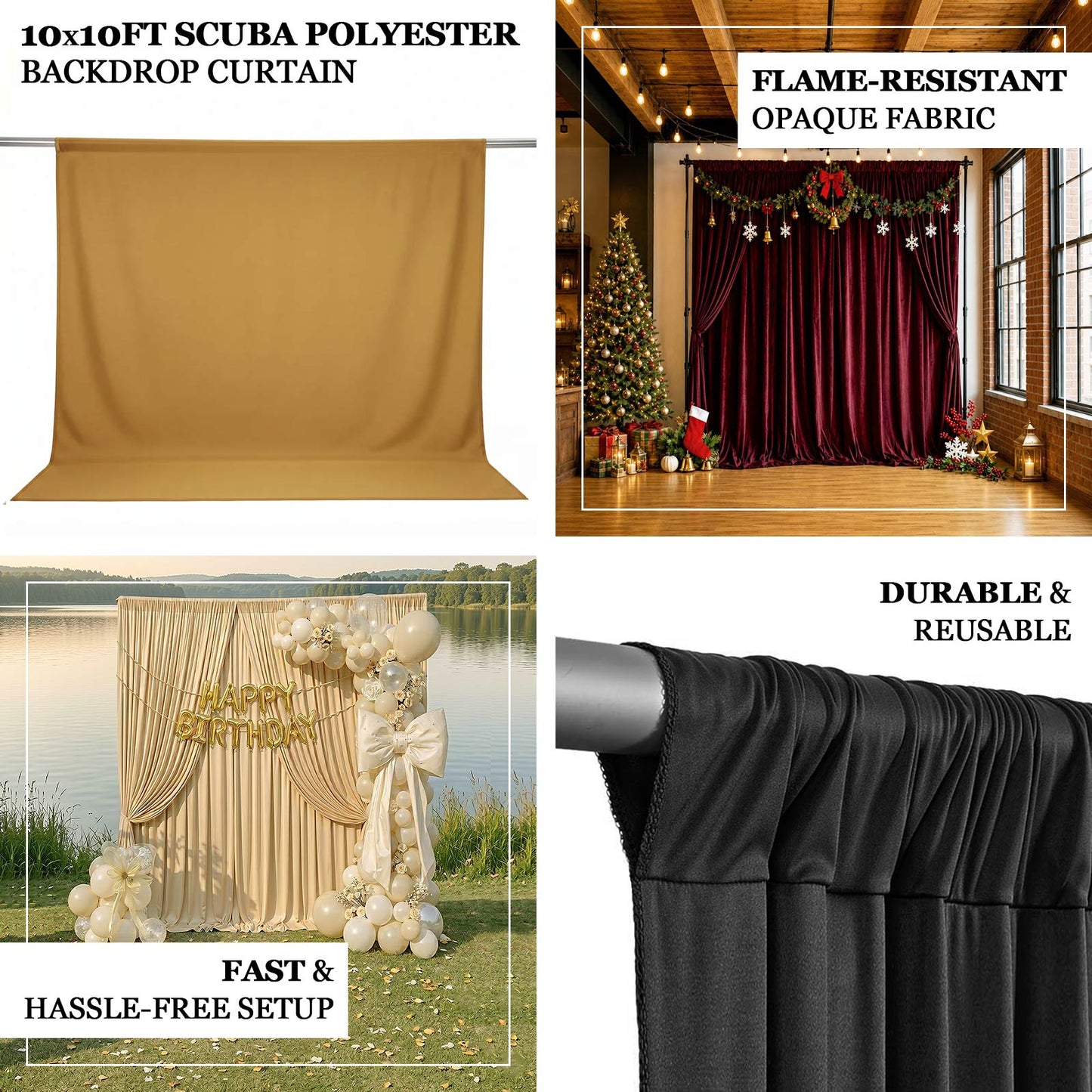 Flame-resistant event backdrop panel with rod pocket for easy hanging