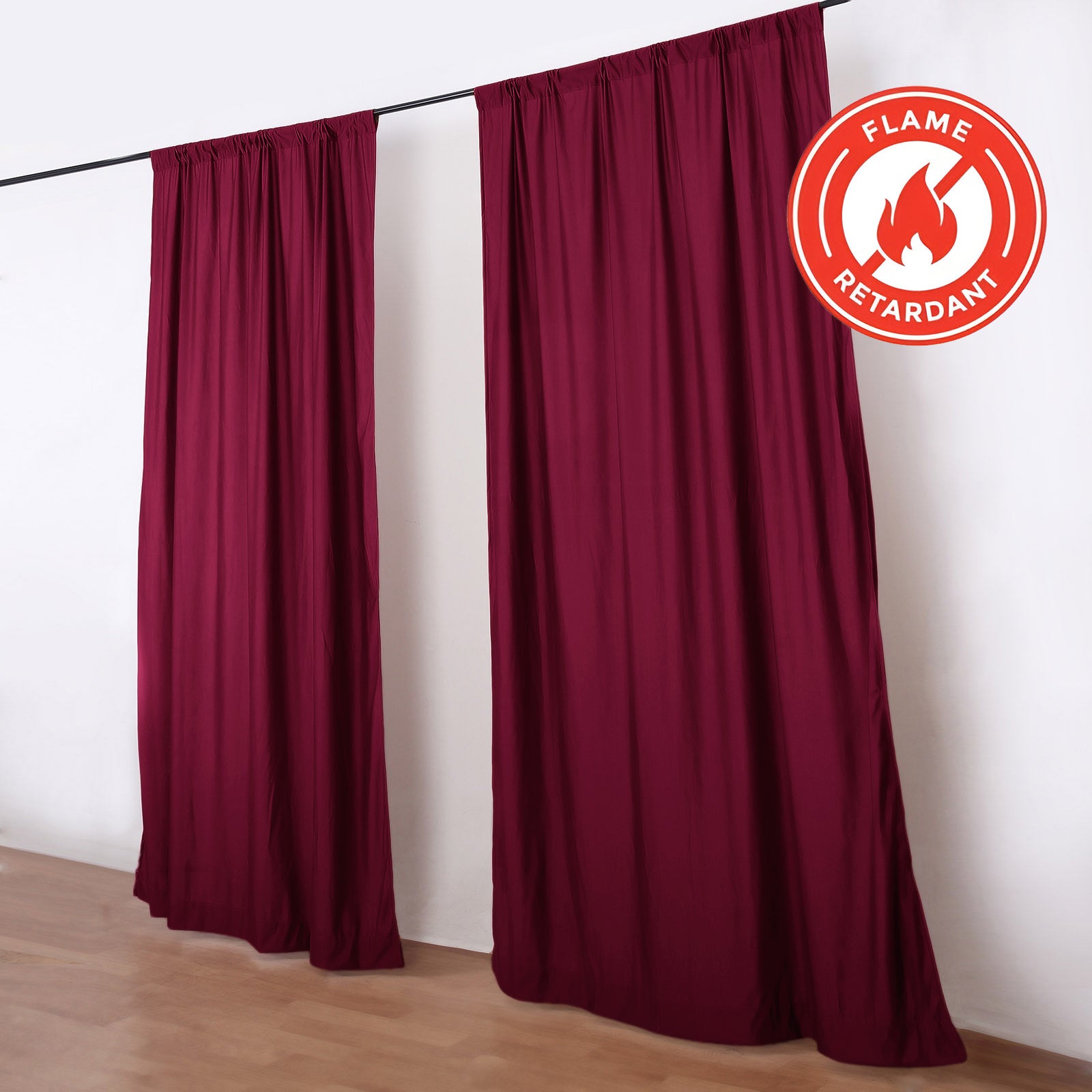 Burgundy flame-resistant backdrop drape curtains, wrinkle-free and durable.