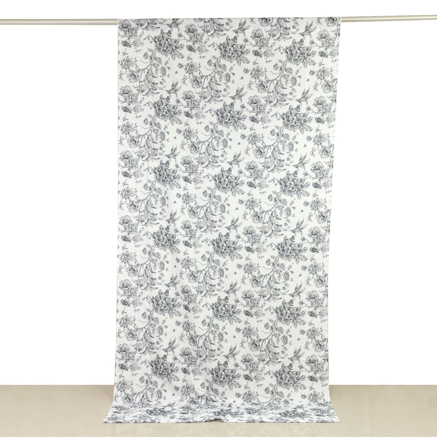 French Toile Polyester Backdrop Curtain – Black Floral 5ft x 10ft Rod Pocket Drape Panel