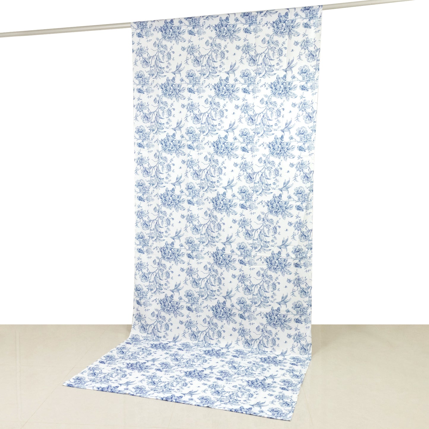 French Toile Polyester Backdrop Curtain – Blue Floral 5ft x 12ft Rod Pocket Drape Panel