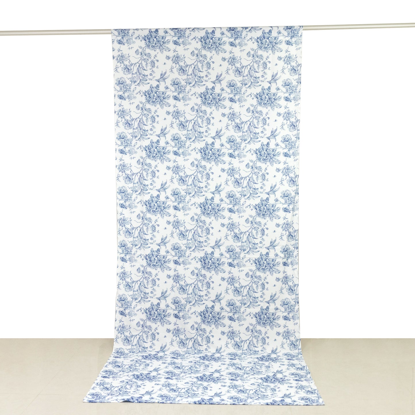 French Toile Polyester Backdrop Curtain – Blue Floral 5ft x 12ft Rod Pocket Drape Panel