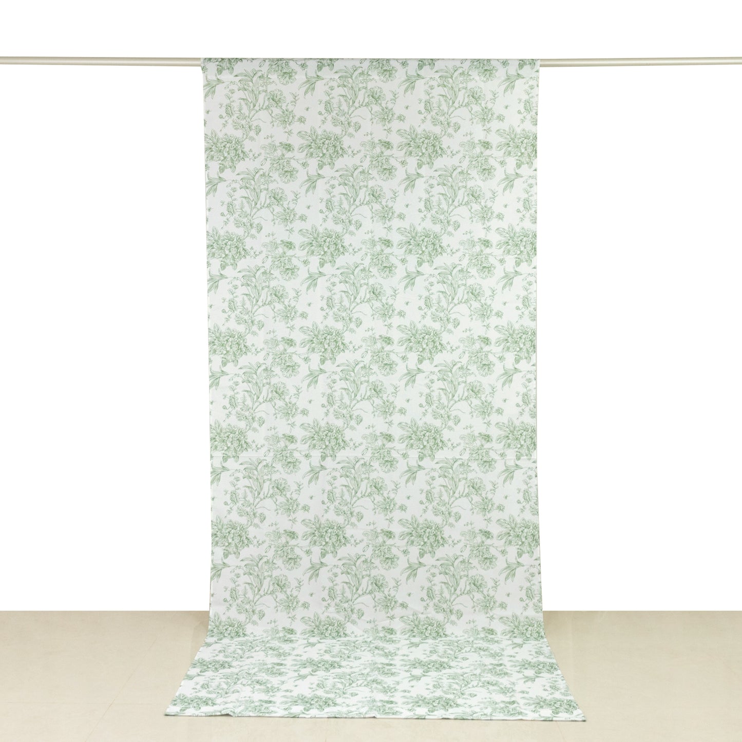French Toile Polyester Backdrop Curtain – Dusty Sage Green Floral 5ft x 12ft Rod Pocket Drape Panel