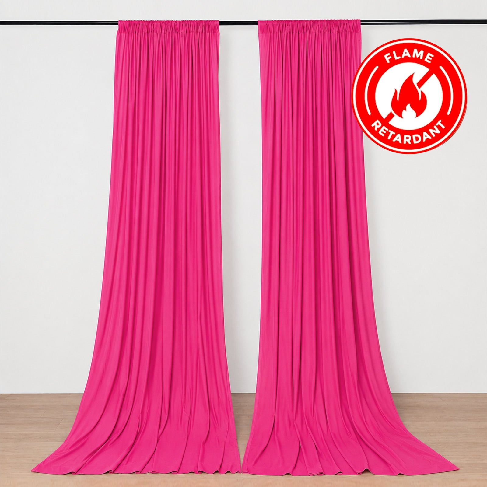 Fuchsia scuba polyester backdrop drape curtains, flame resistant and wrinkle free.