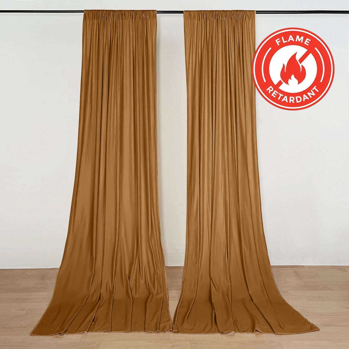 Gold backdrop drape curtains, flame resistant and wrinkle free, ideal for events.