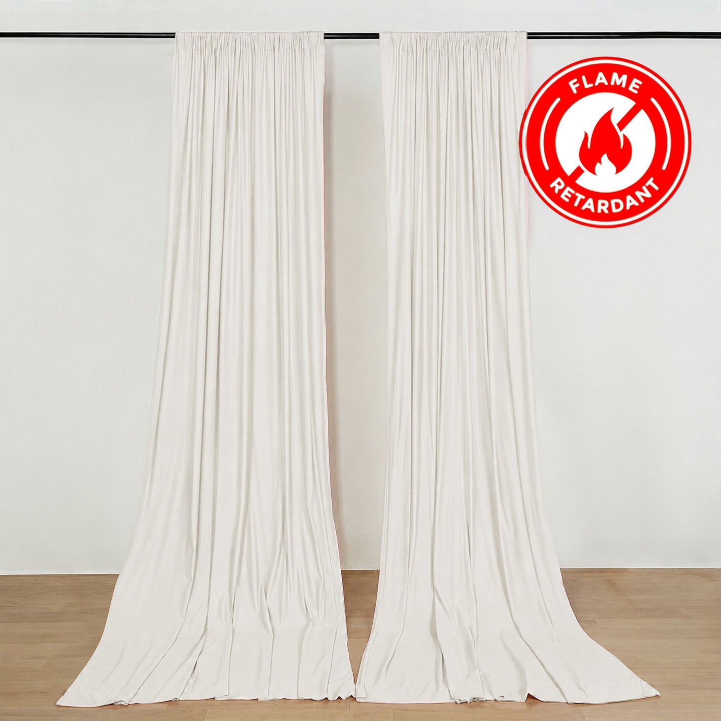 Ivory scuba polyester backdrop drape curtains, flame resistant and wrinkle free.