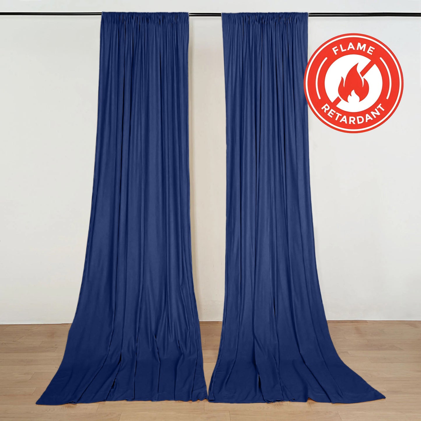Navy blue scuba polyester backdrop drape curtains on display.