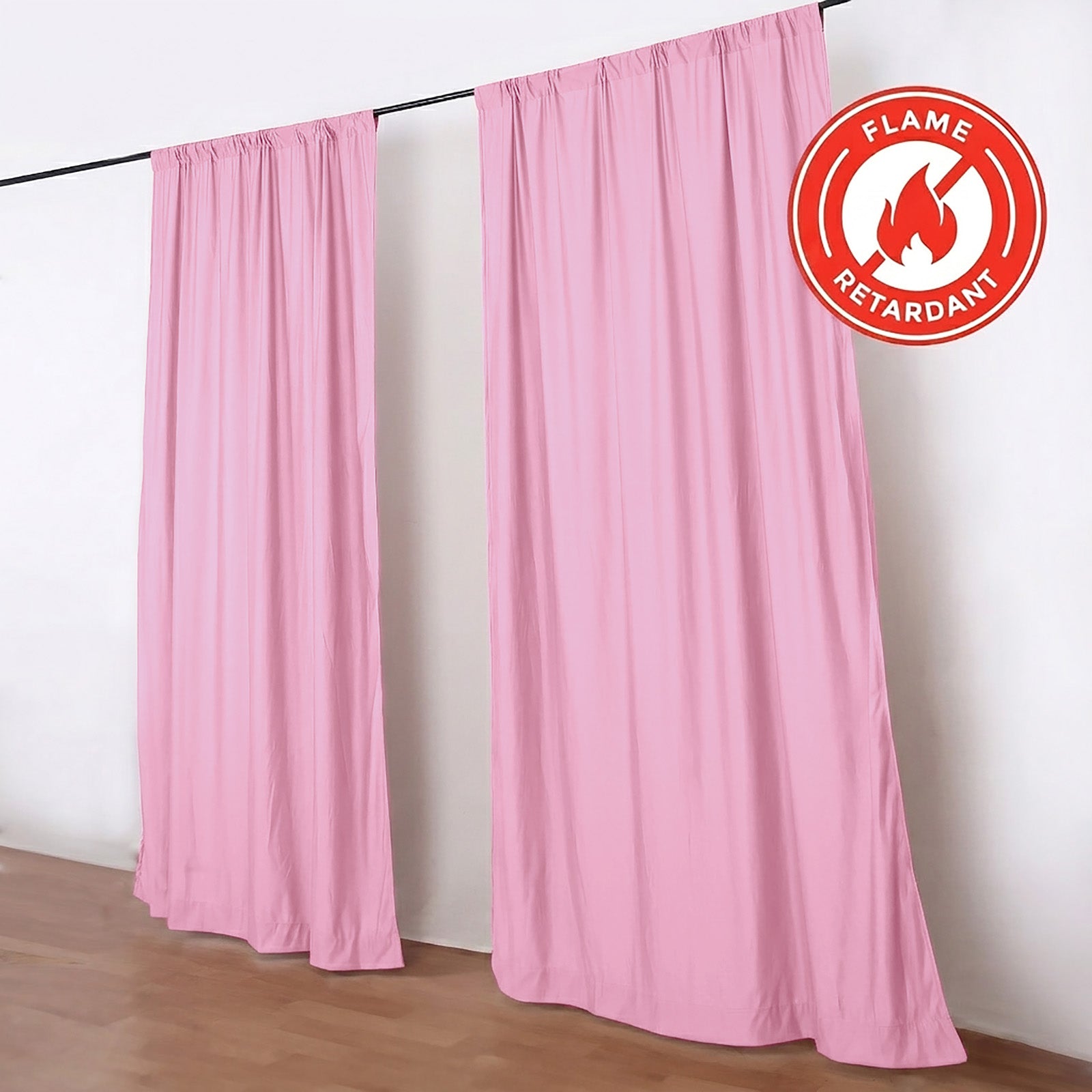 Pink scuba polyester backdrop drape curtains, wrinkle-free and flame resistant.