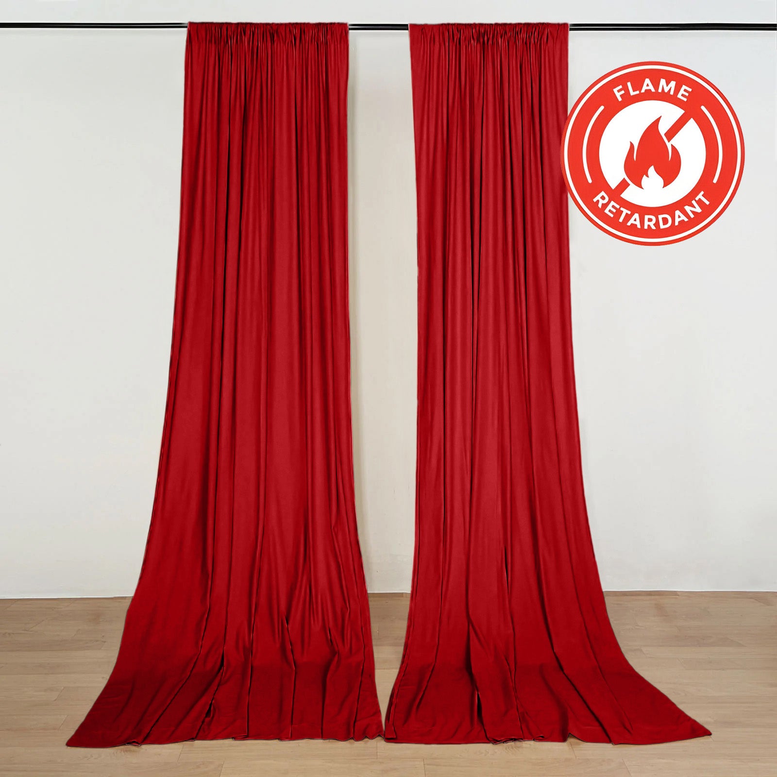 Red backdrop drape curtains, 5ftx10ft, flame resistant and wrinkle free.