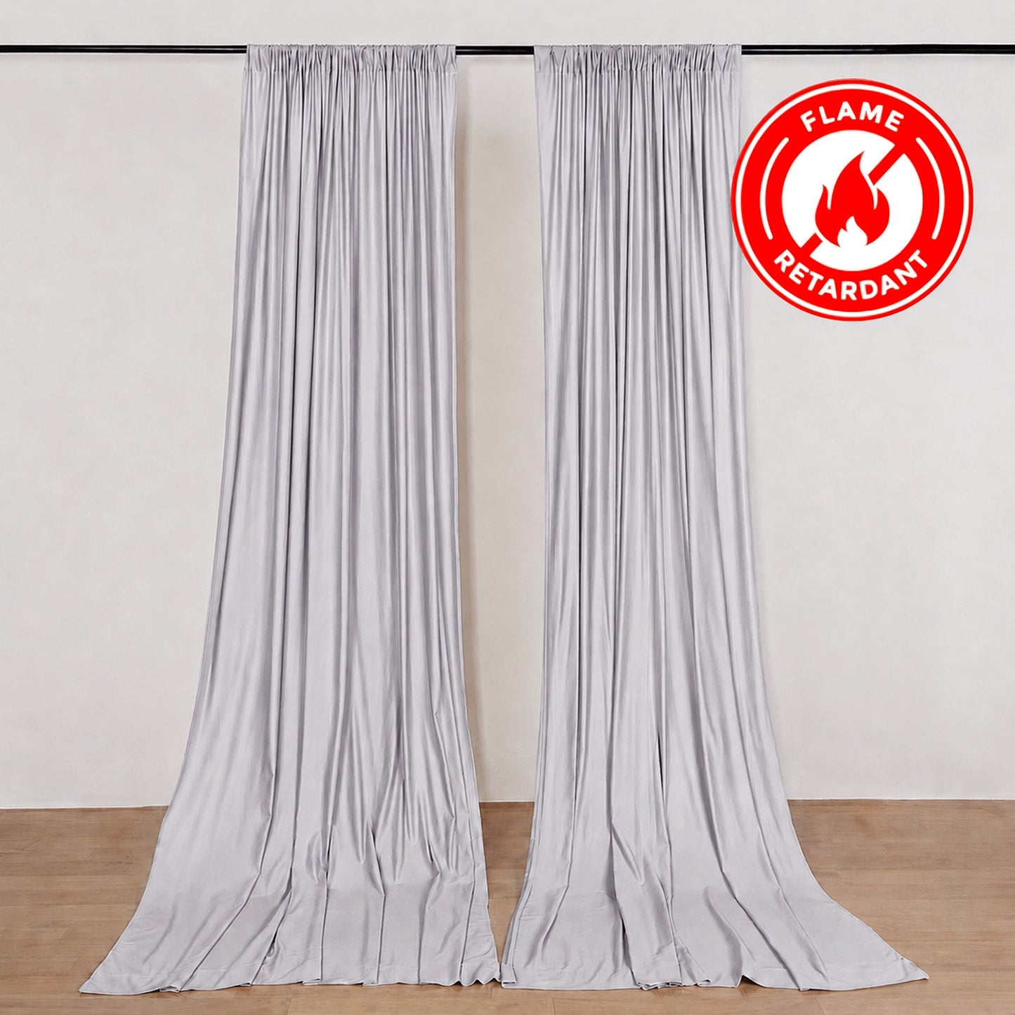 Silver drape curtains, 5ft x 10ft, flame resistant, wrinkle free.