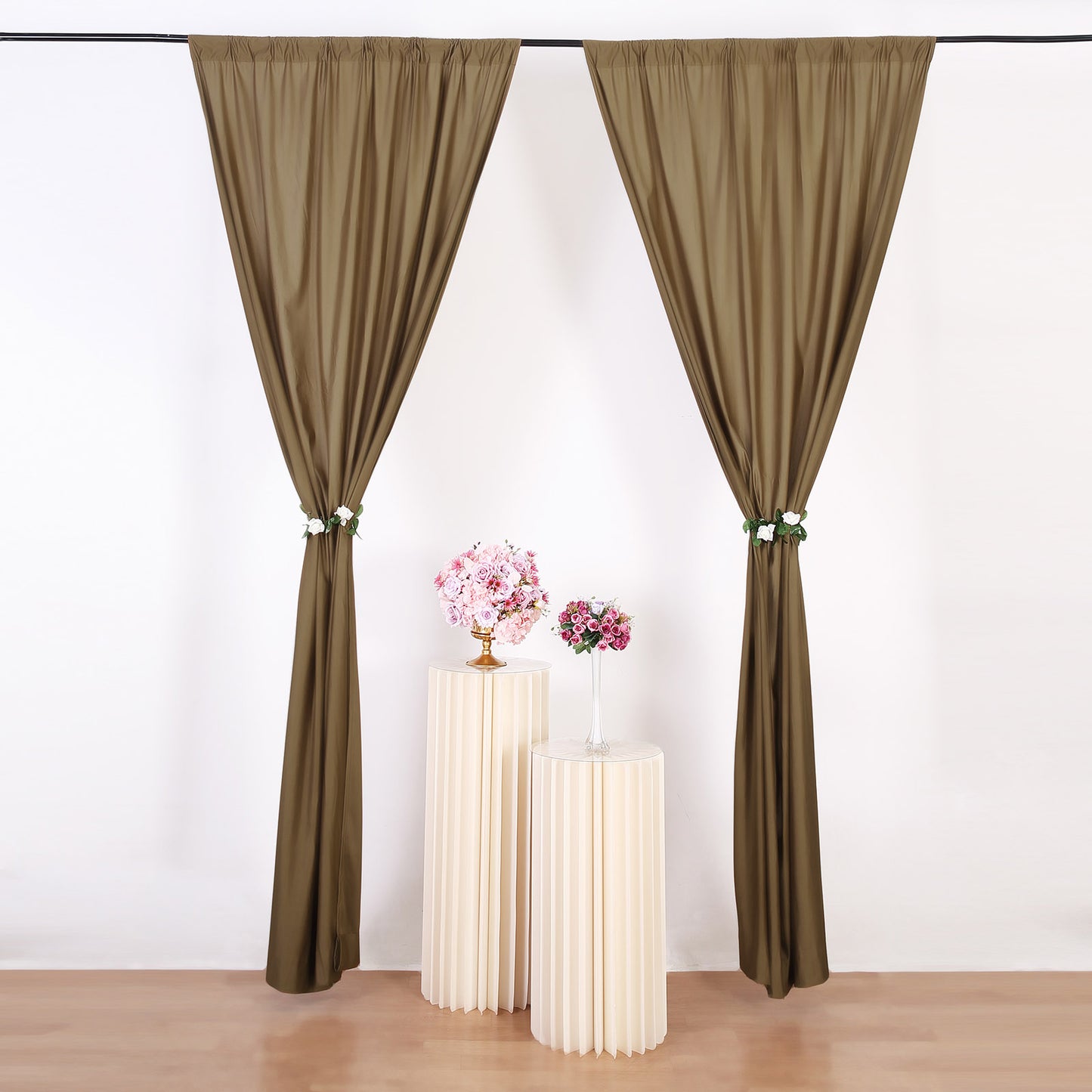 2 Pack Taupe Scuba Polyester Event Curtain Drapes, Durable Flame Resistant Backdrop Event Panels Wrinkle Free with Rod Pockets - 10ftx10ft