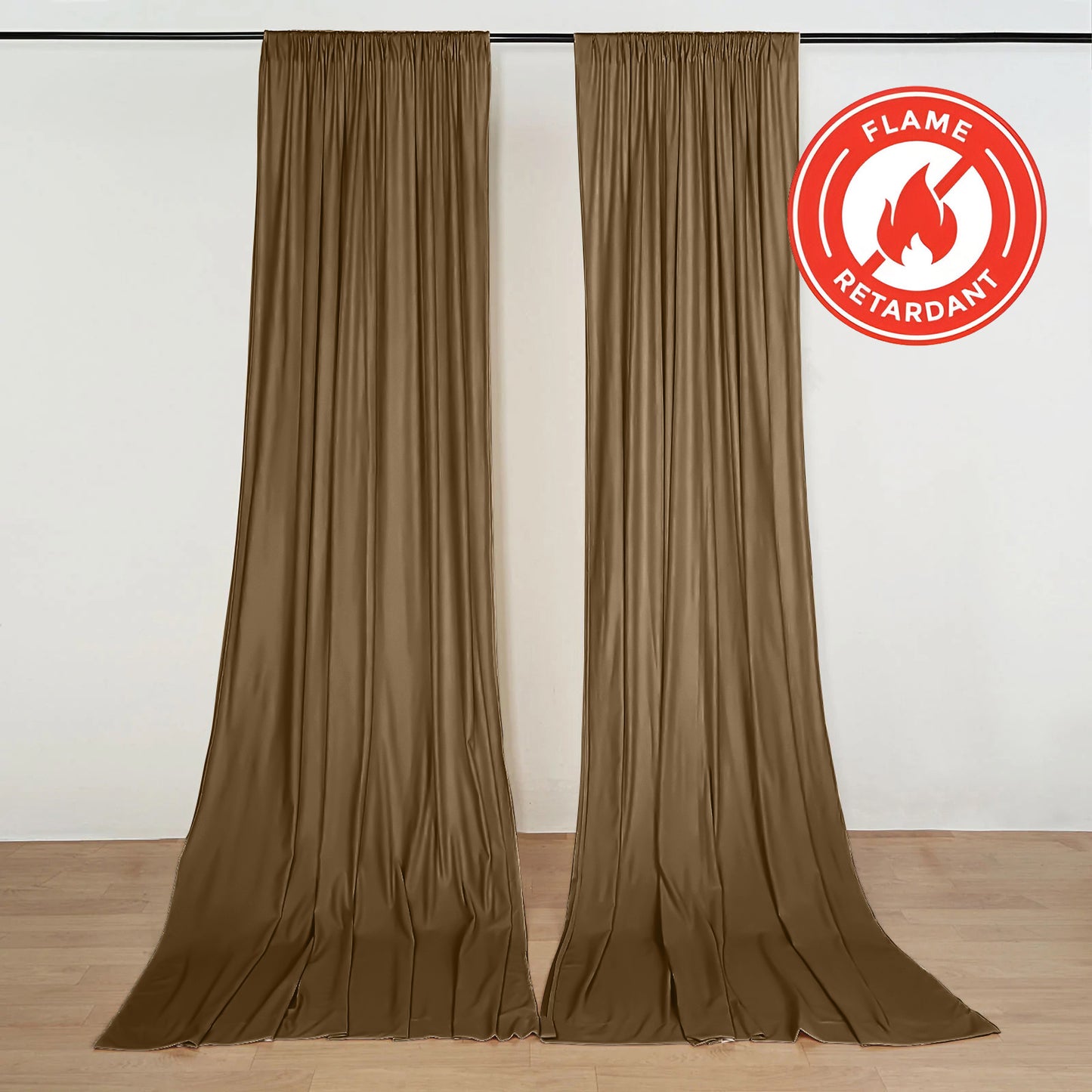 Taupe 5ftx10ft polyester backdrop drape curtains, flame resistant and wrinkle free.