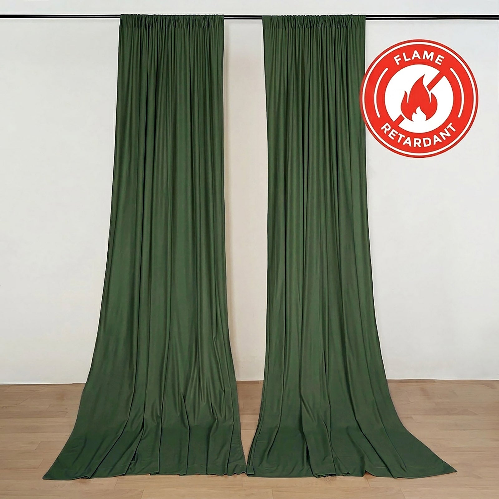 Olive green scuba polyester backdrop drape curtains on display.