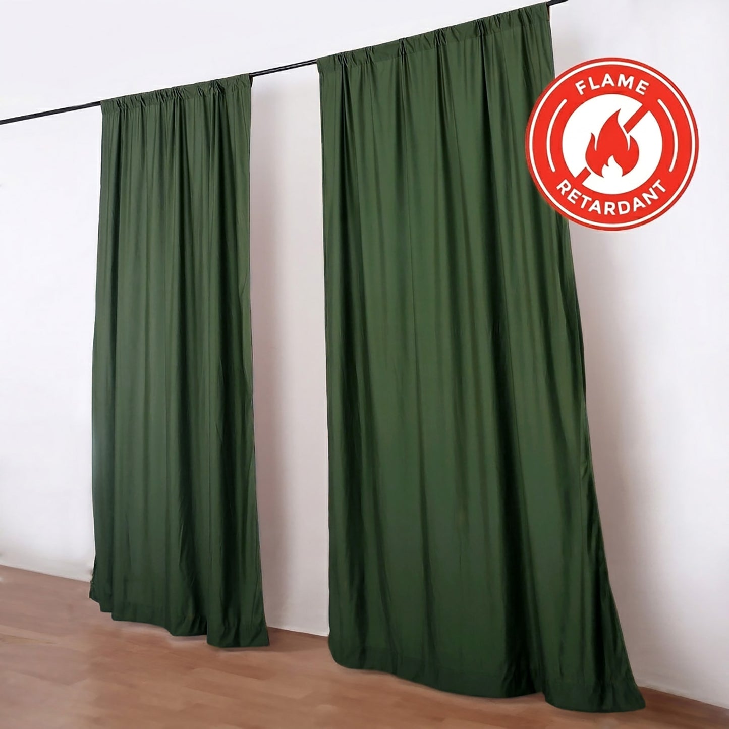Olive green scuba polyester backdrop drape curtains on display.