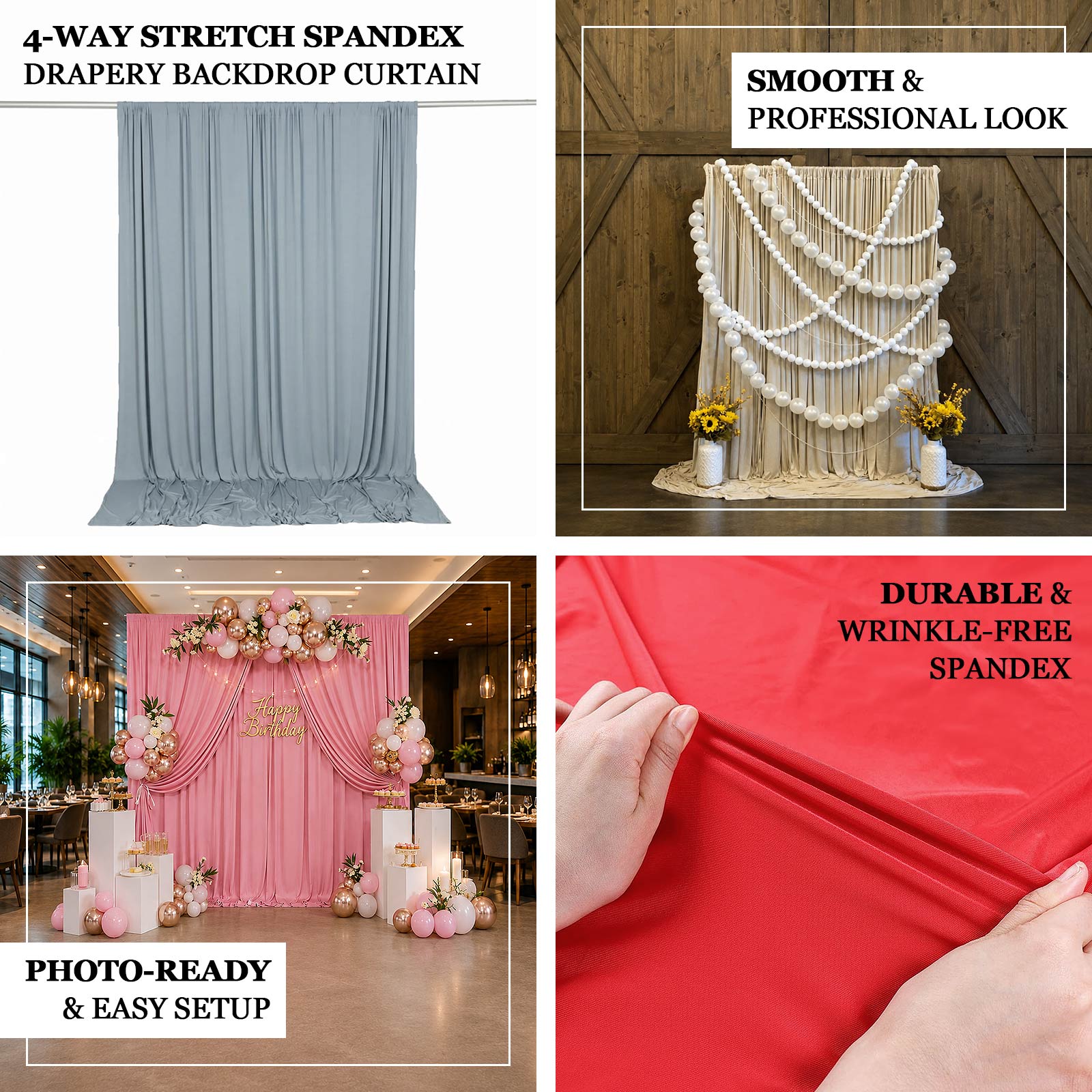 Professional backdrop drape with 4-way stretch fabric for seamless event presentations