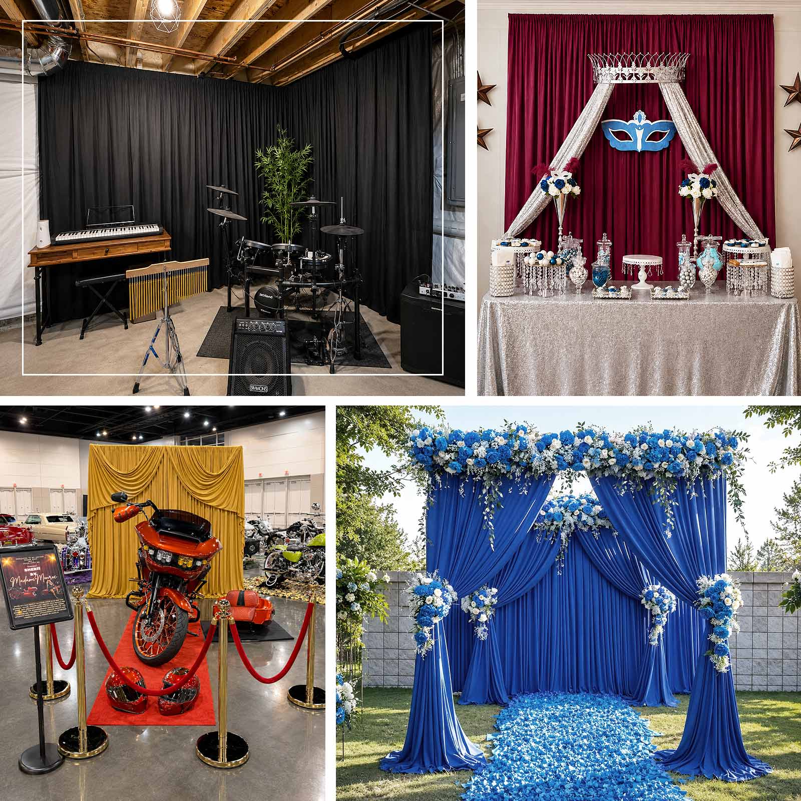 Wrinkle-free spandex curtain backdrop creating polished displays for celebrations, showcases, and pa