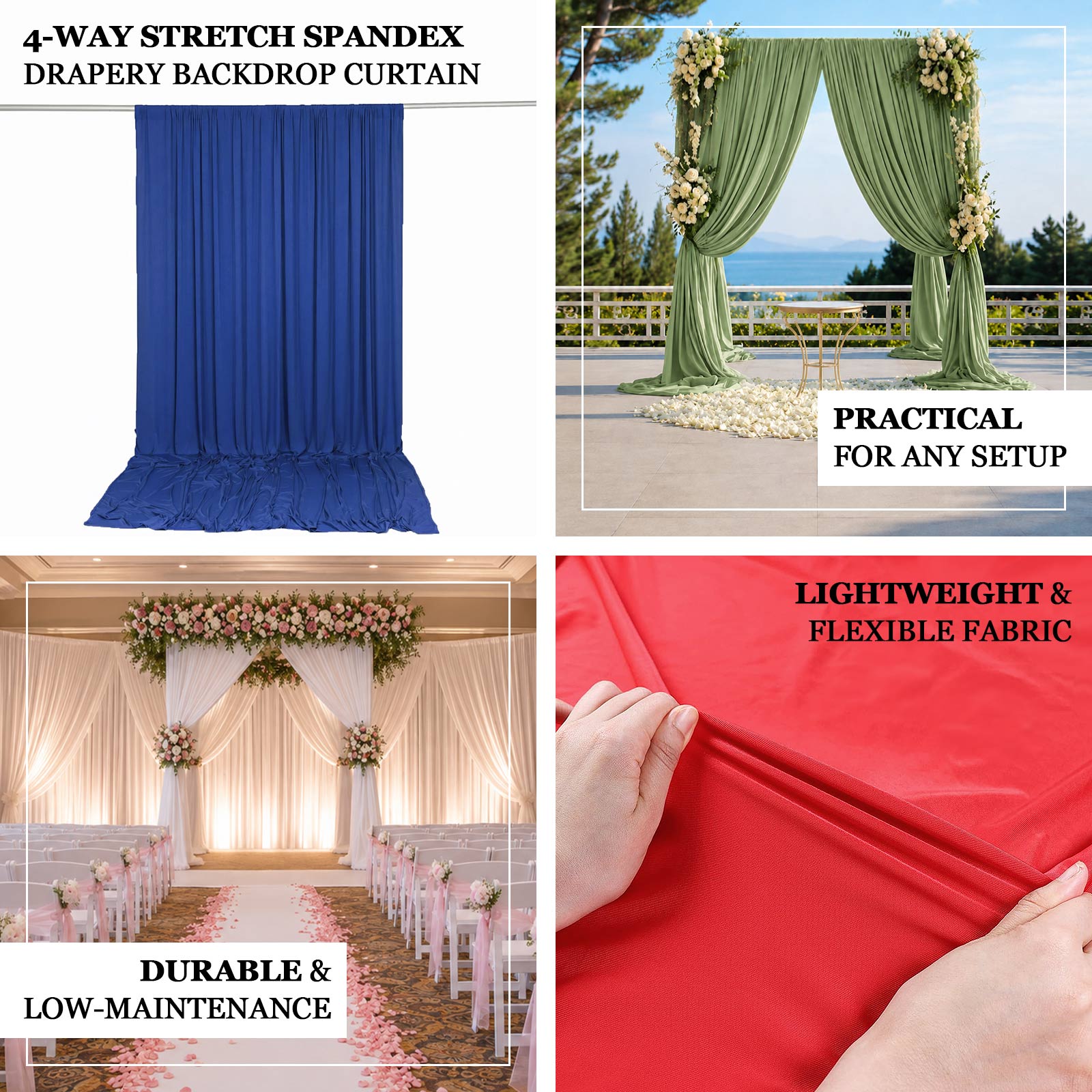 Stretch spandex backdrop curtain with elegant flowing drape for weddings, parties, stage décor, and 