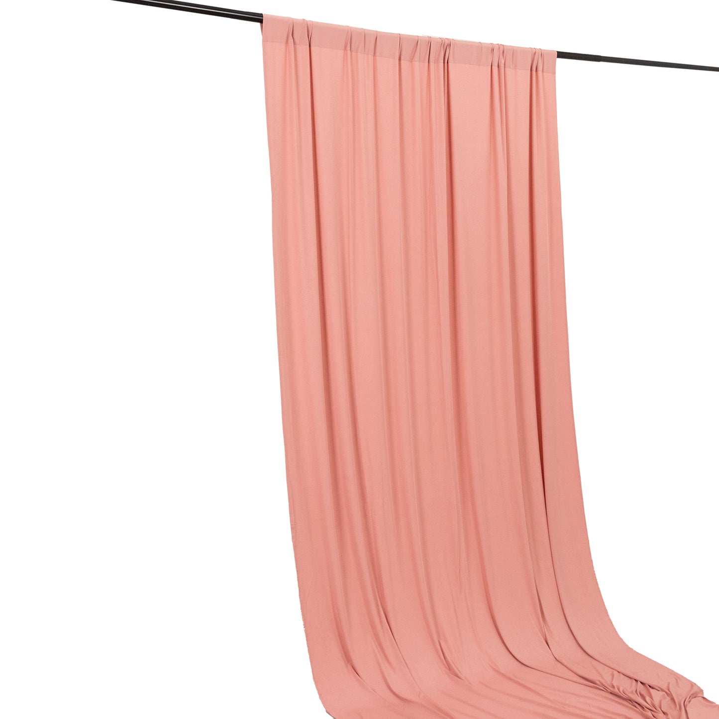 Dusty rose 4-way stretch spandex event curtain drapes on a rod.