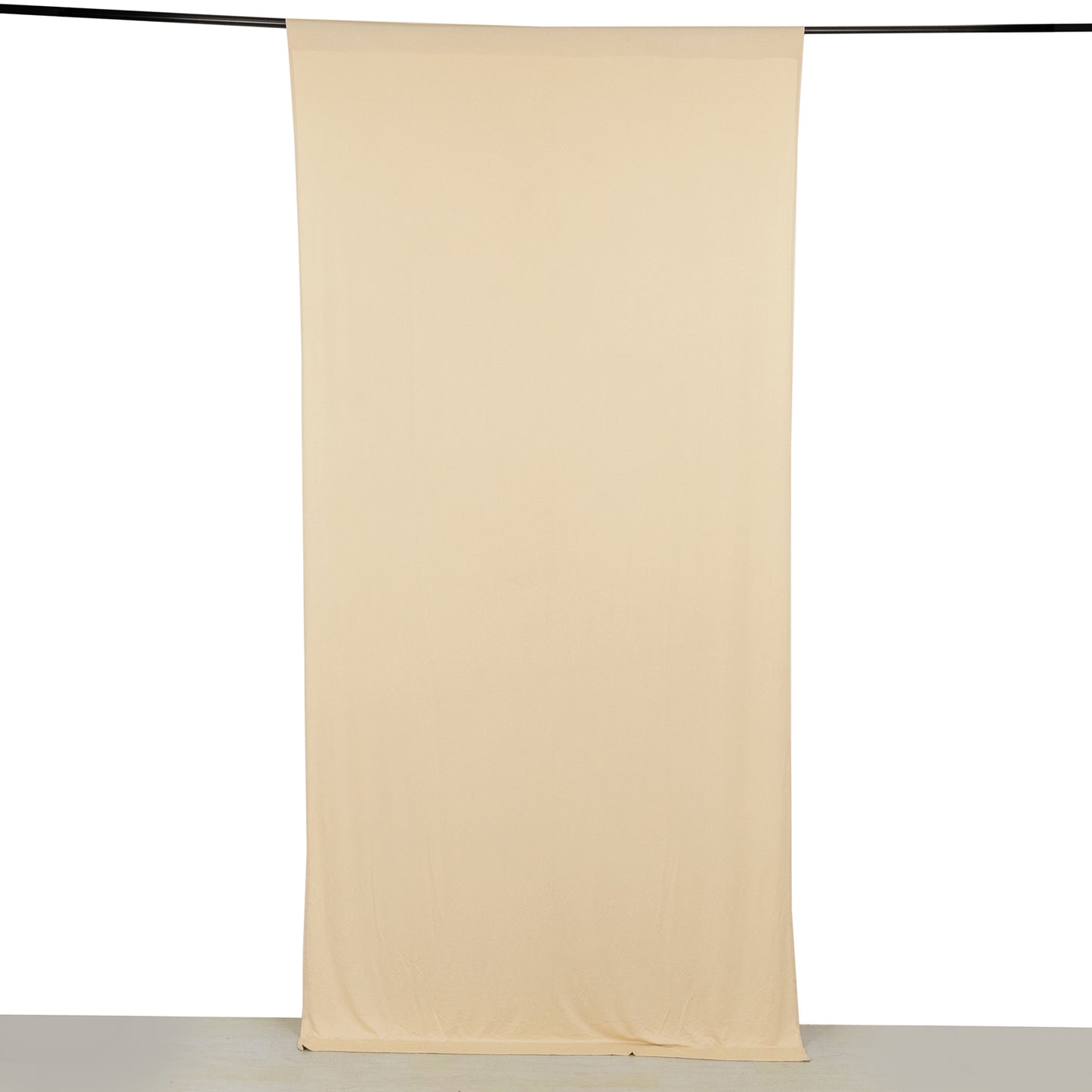 Beige 4-way stretch spandex event curtain drape, wrinkle-free backdrop.
