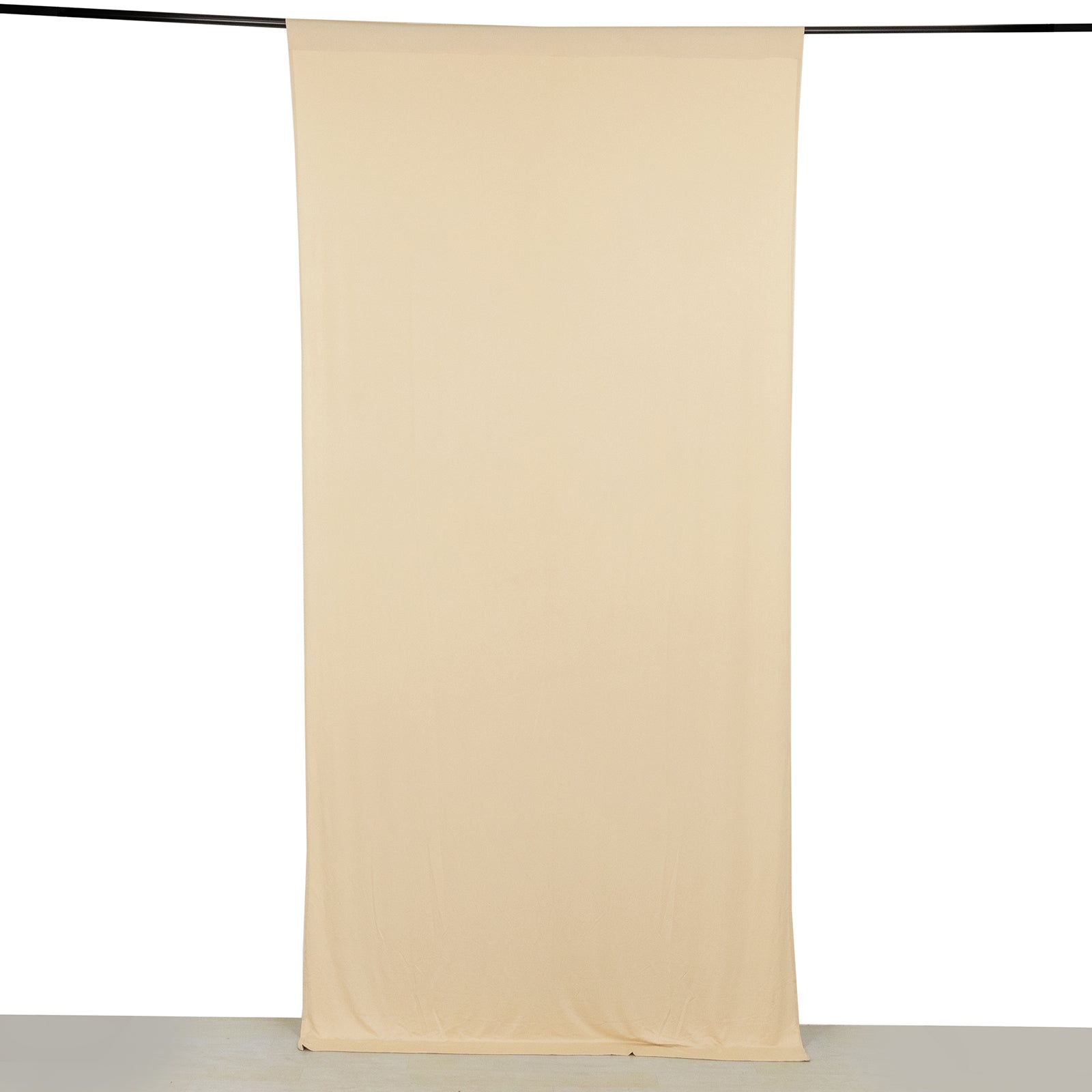 Beige 4-way stretch spandex event curtain drape, wrinkle-free backdrop.