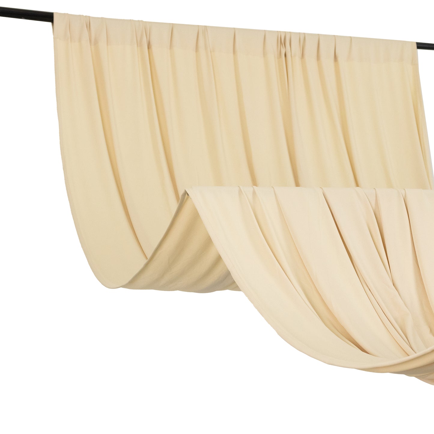Beige wrinkle-free 4-way stretch spandex event curtain drapes.