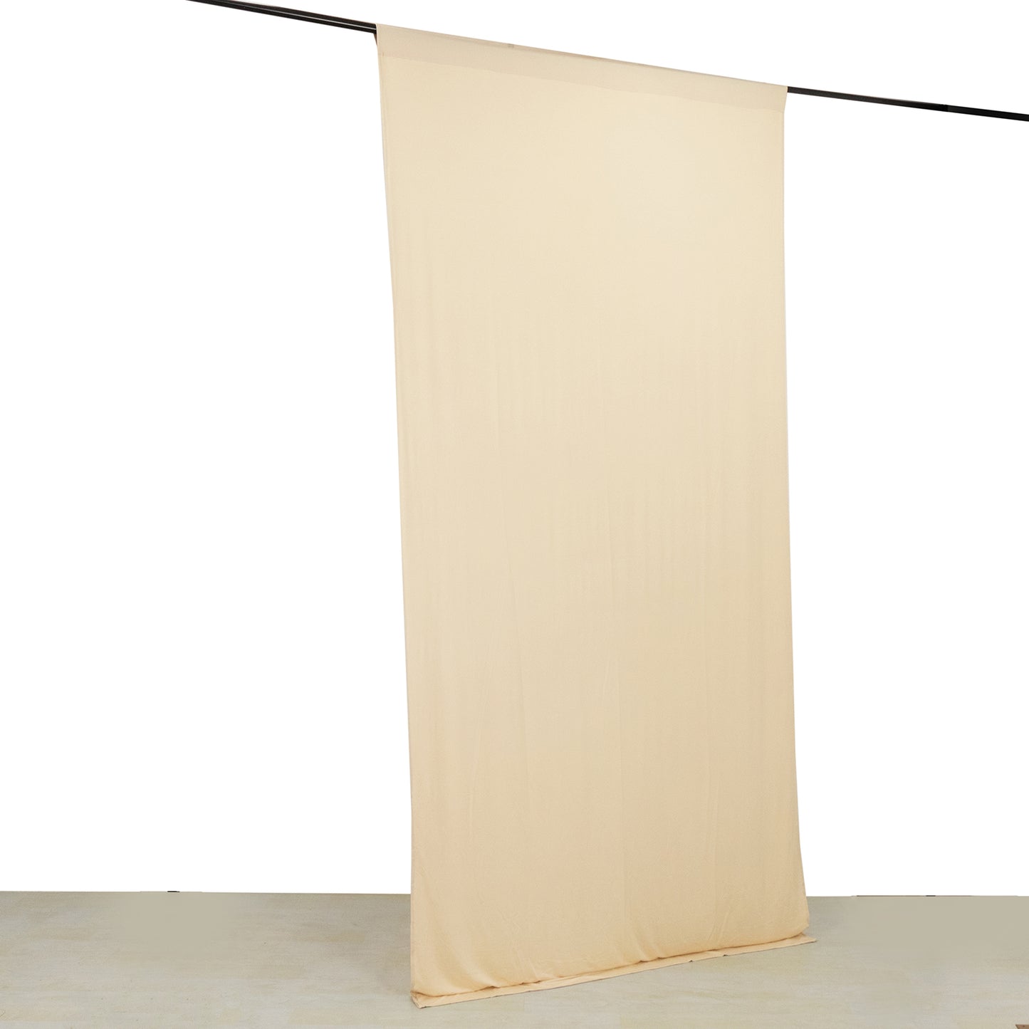 Beige 4-way stretch spandex event curtain drapes, wrinkle-free backdrop panel.