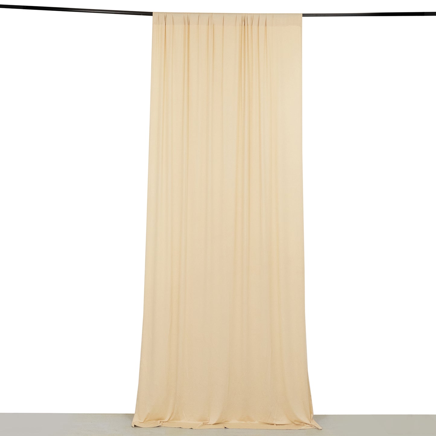 Beige 4-way stretch spandex event curtain drapes, wrinkle-free backdrop.