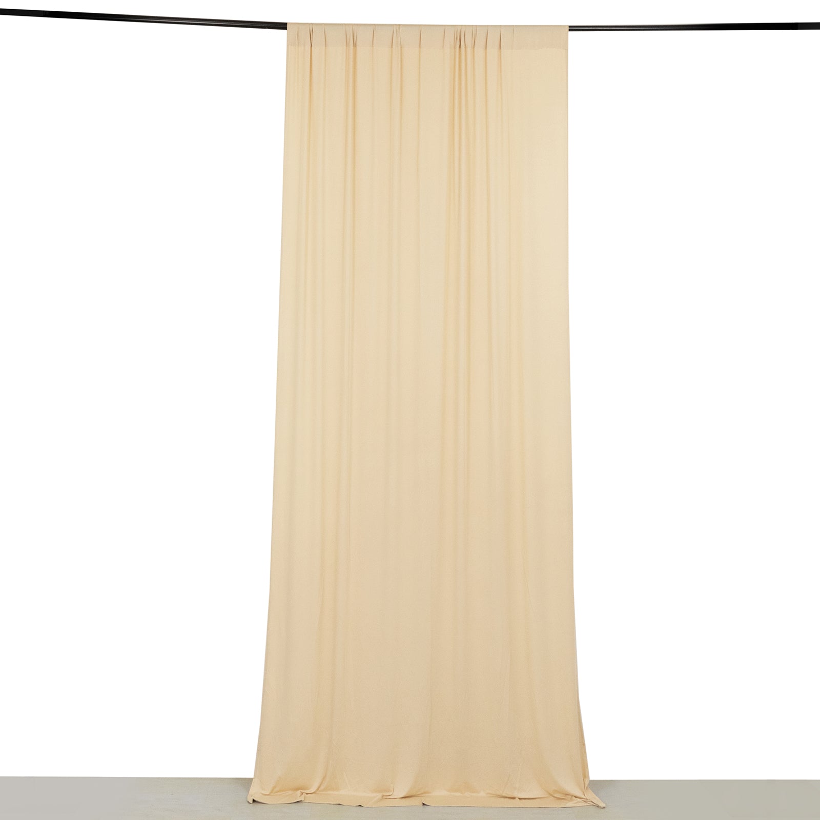 Beige 4-way stretch spandex event curtain drapes, wrinkle-free backdrop.