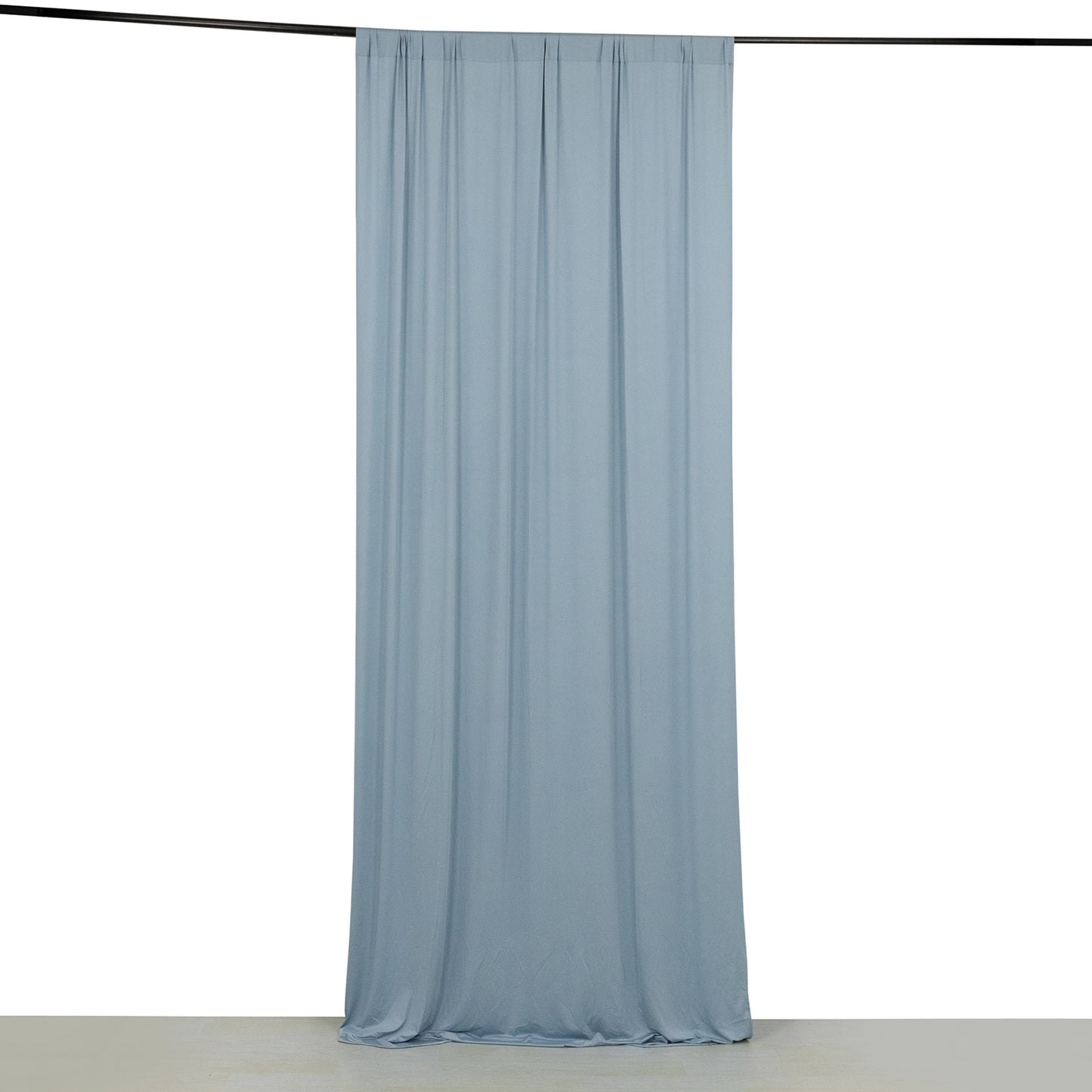 Dusty blue 4-way stretch spandex event curtain drape, wrinkle-free backdrop.
