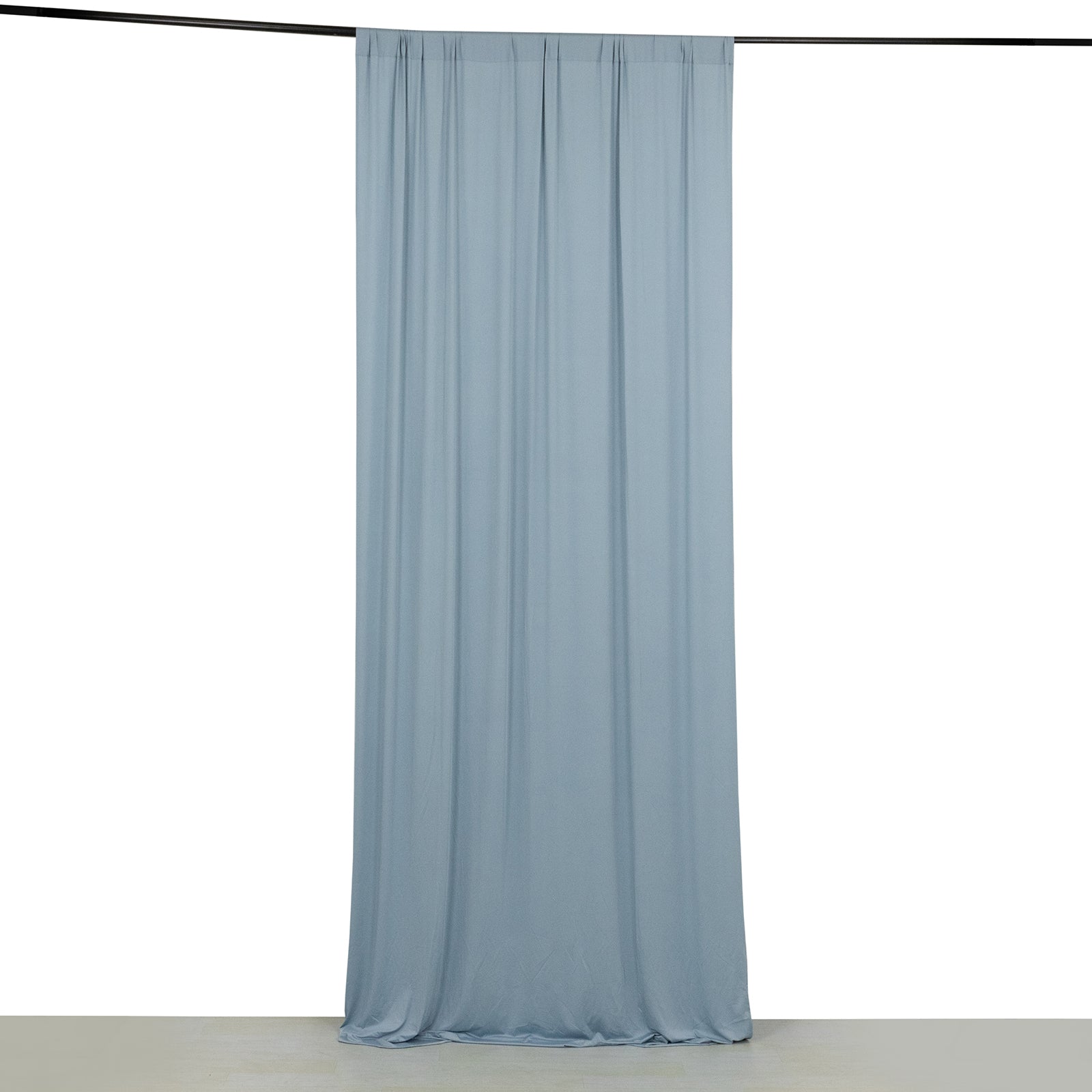 Dusty blue 4-way stretch spandex event curtain drape, wrinkle-free backdrop.