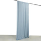 Dusty blue 4-way stretch spandex event curtain drapes on a rod.
