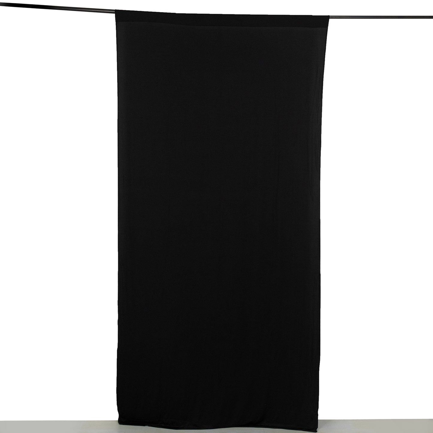 Black 4-way stretch spandex event curtain drape, wrinkle-free backdrop panel.