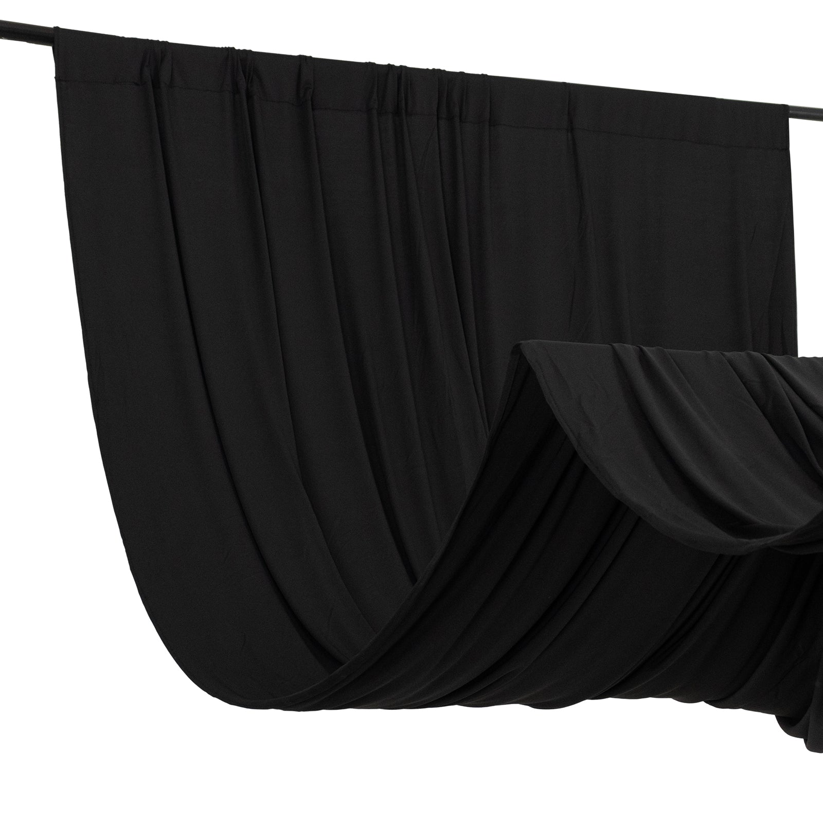 Black 4-way stretch spandex event curtain drapes with rod pockets.