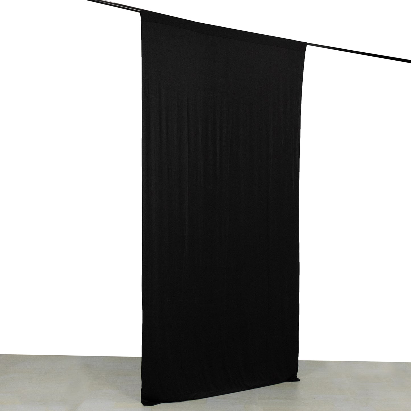 Black 4-way stretch spandex event curtain drapes, wrinkle-free backdrop panel.