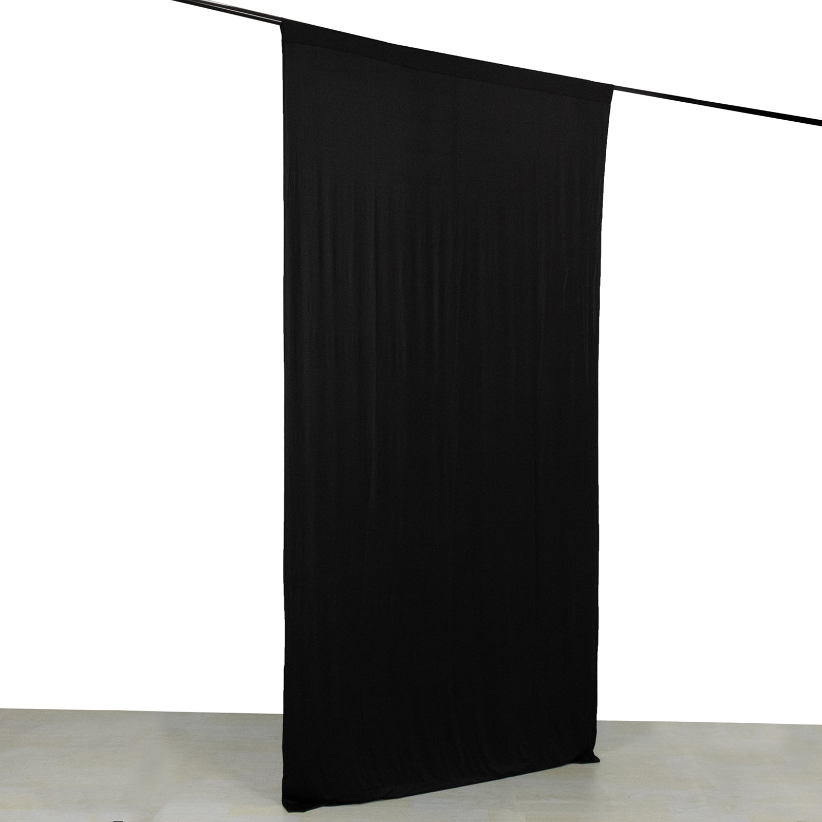 Black 4-way stretch spandex event curtain drapes, wrinkle-free backdrop panel.