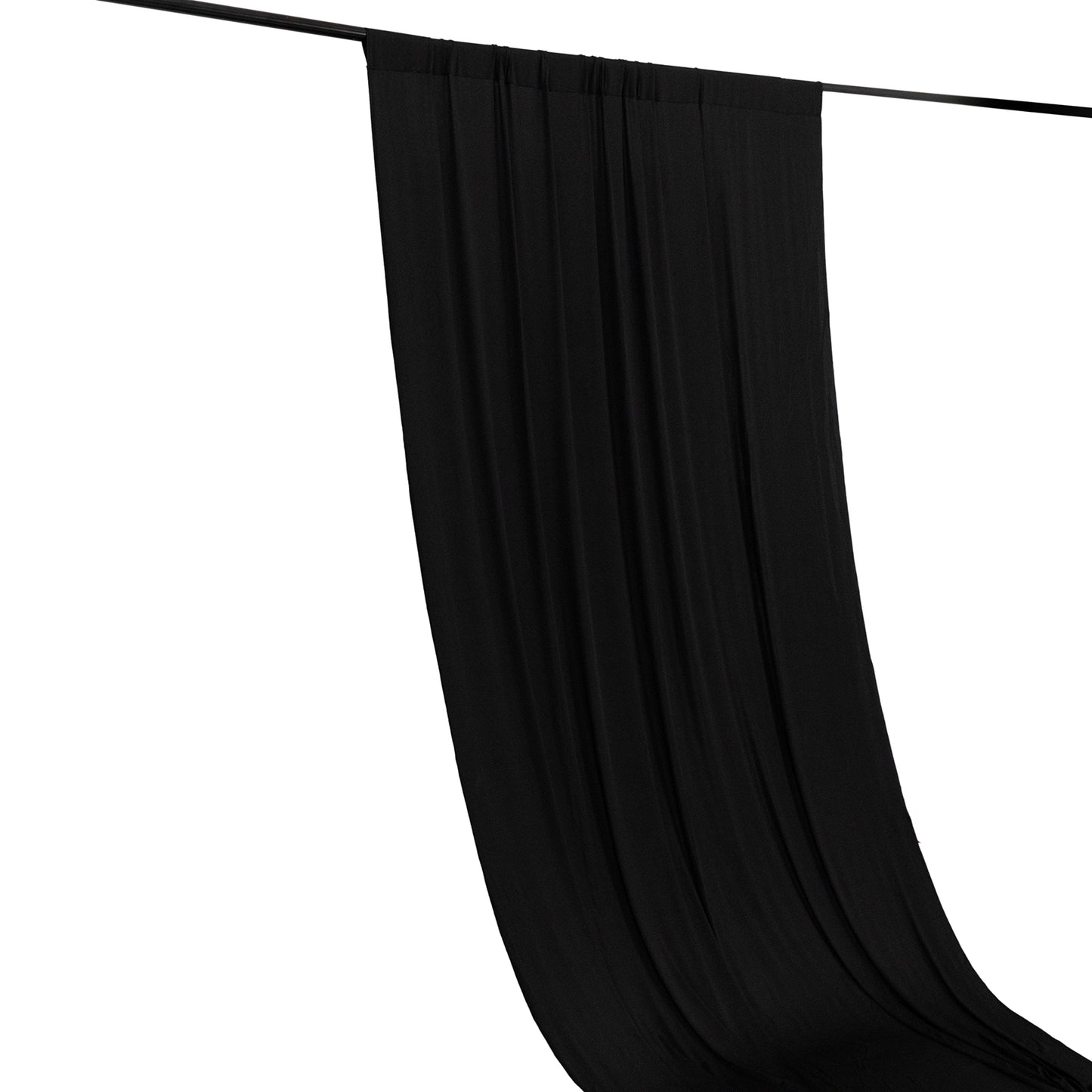 Black 4-way stretch spandex event curtain drapes with rod pockets.